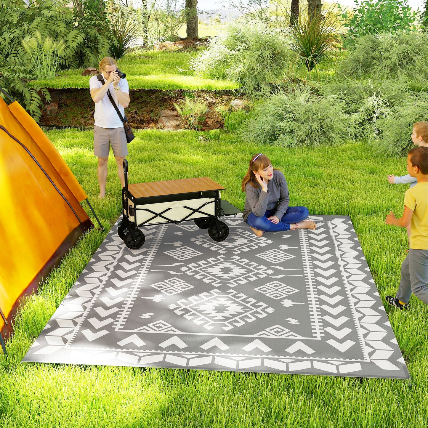 Reversible Outdoor RV Rug with Carry Bag, 9' x 12' Patio Floor Mat, Plastic Straw Rug for Backyard, Deck, Picnic, Beach, Camping, Rhombus Patchwork, Grey and White