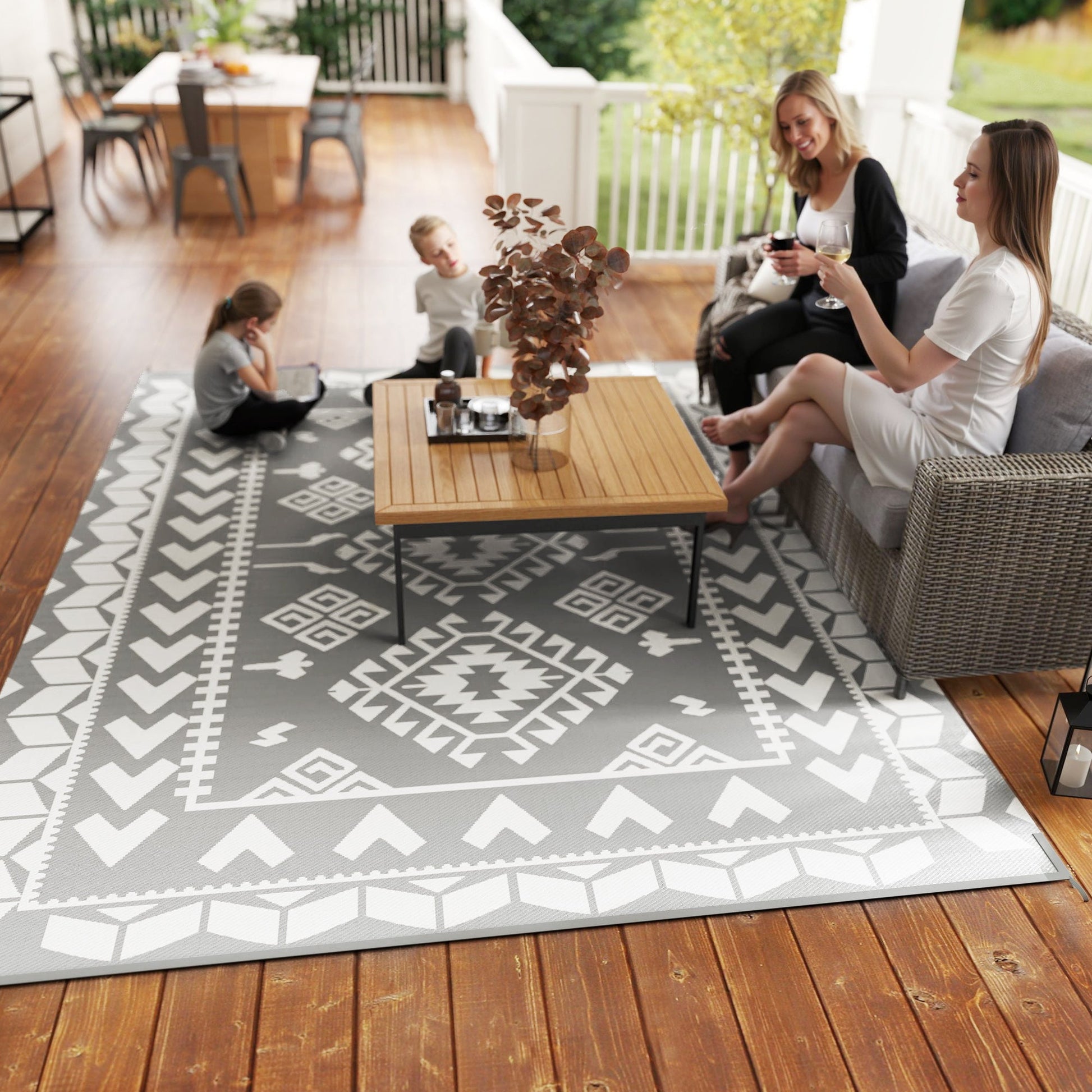 Reversible Outdoor RV Rug with Carry Bag, 9' x 12' Patio Floor Mat, Plastic Straw Rug for Backyard, Deck, Picnic, Beach, Camping, Rhombus Patchwork, Grey and White