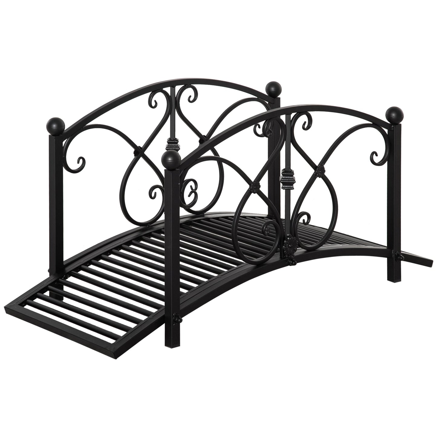 3.3FT Metal Arch Zen Garden Bridge with Safety Siderails, Decorative Footbridge, Delicate Floral Scrollwork for Stream, Fish Pond, Black
