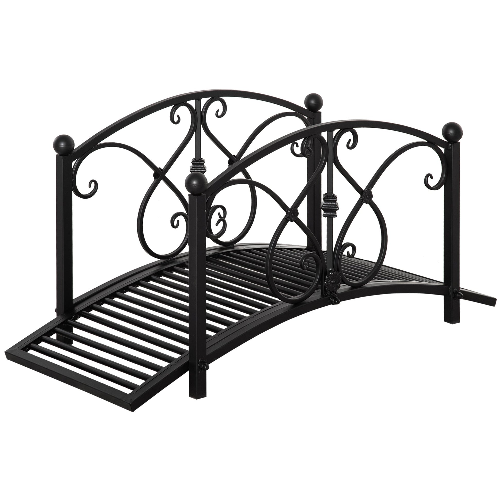 3.3FT Metal Arch Zen Garden Bridge with Safety Siderails, Decorative Footbridge, Delicate Floral Scrollwork for Stream, Fish Pond, Black