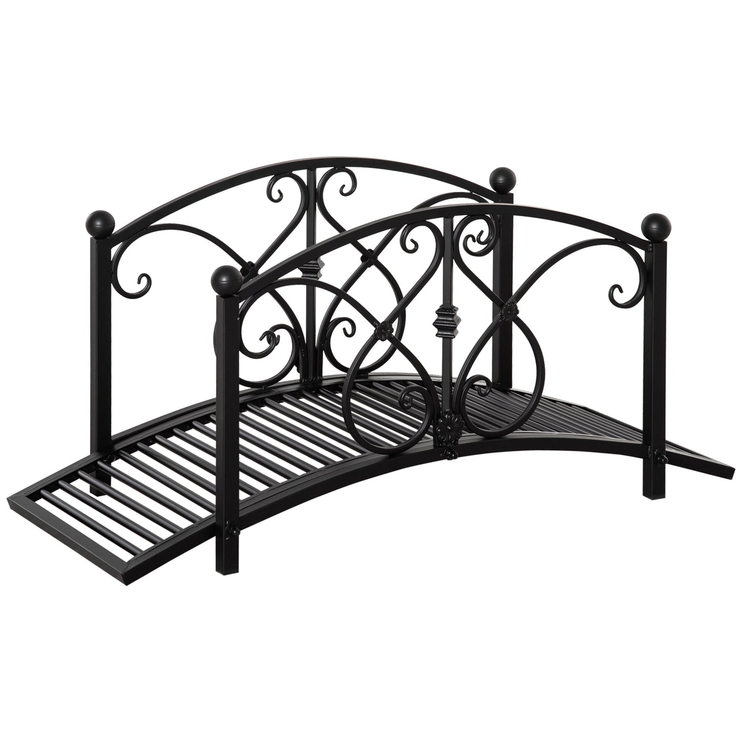 3.3FT Metal Arch Zen Garden Bridge with Safety Siderails, Decorative Footbridge, Delicate Floral Scrollwork for Stream, Fish Pond, Black