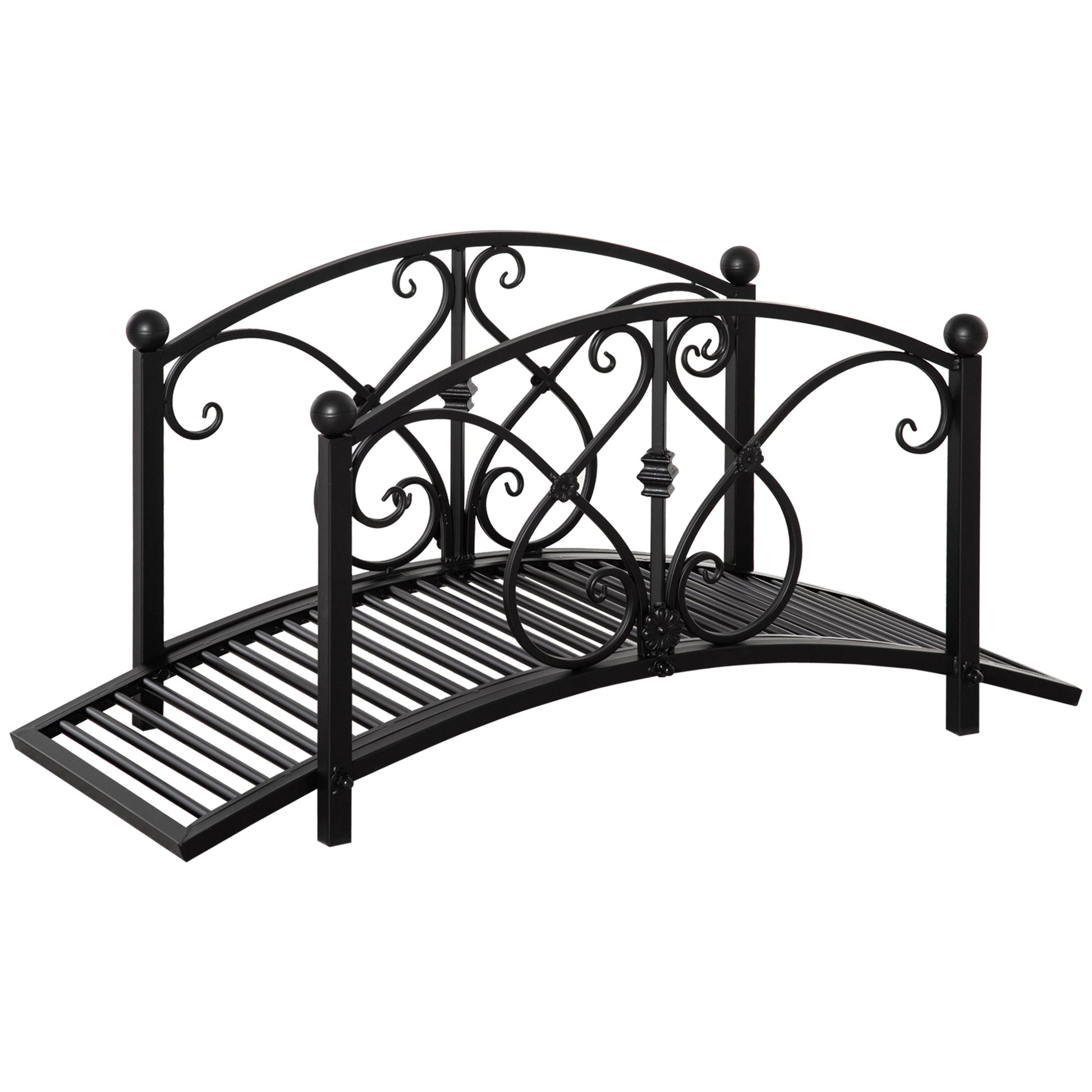 3.3FT Metal Arch Zen Garden Bridge with Safety Siderails, Decorative Footbridge, Delicate Floral Scrollwork for Stream, Fish Pond, Black