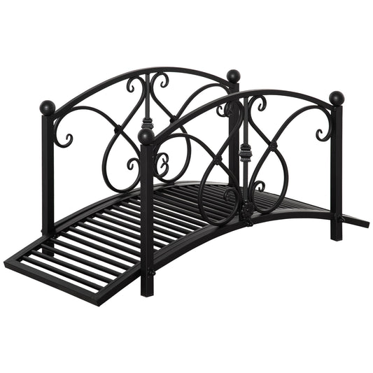 3.3FT Metal Arch Zen Garden Bridge with Safety Siderails, Decorative Footbridge, Delicate Floral Scrollwork for Stream, Fish Pond, Black