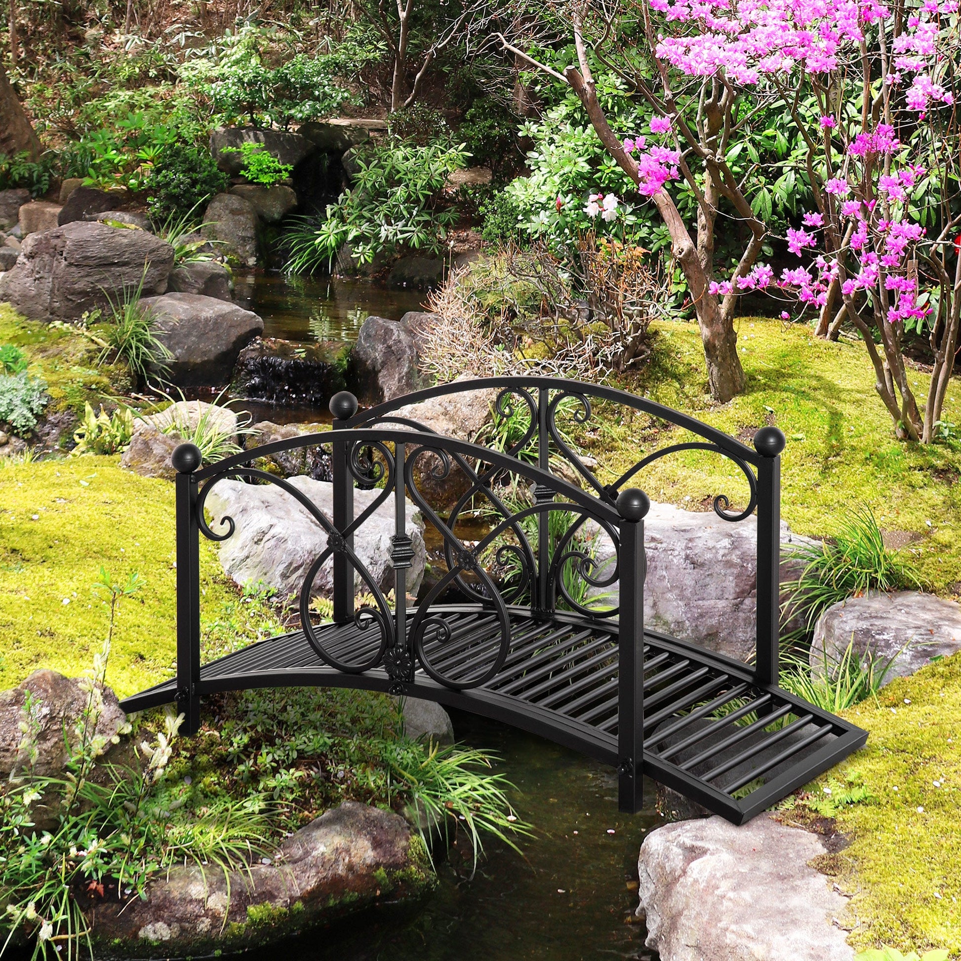 3.3FT Metal Arch Zen Garden Bridge with Safety Siderails, Decorative Footbridge, Delicate Floral Scrollwork for Stream, Fish Pond, Black