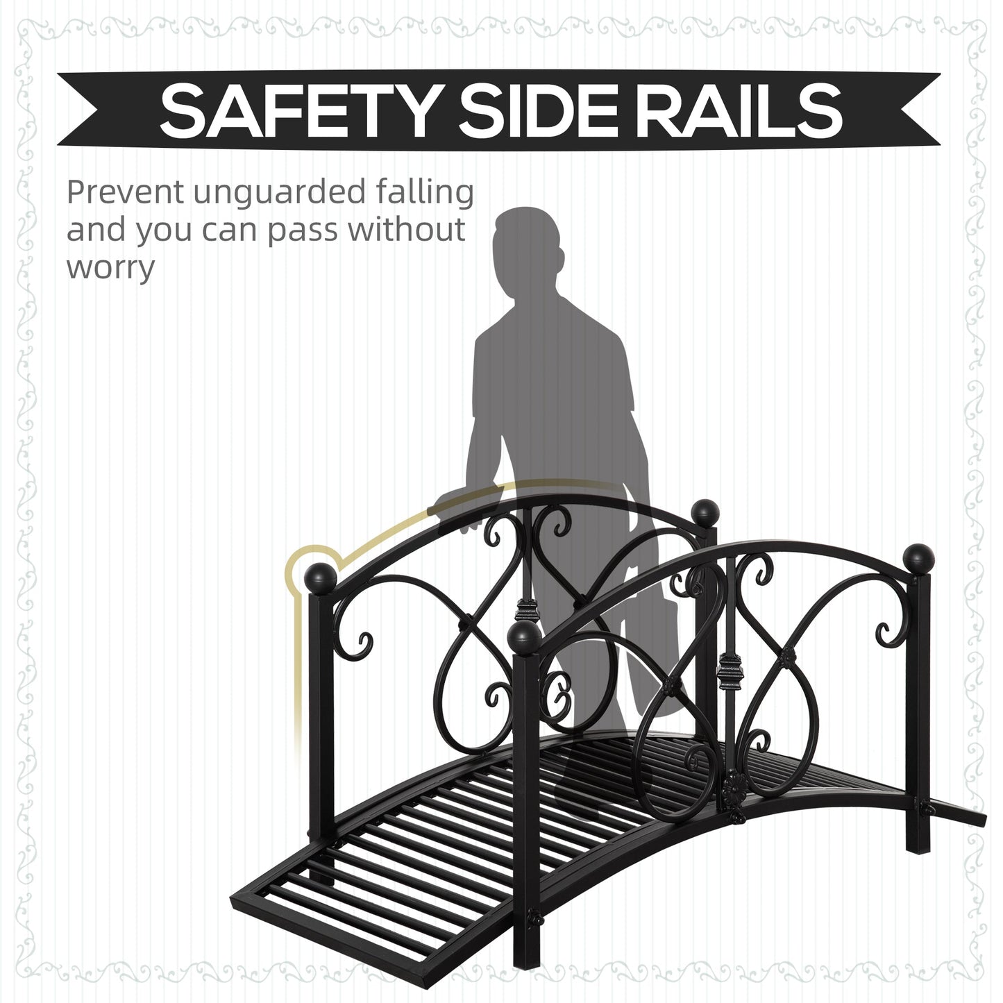3.3FT Metal Arch Zen Garden Bridge with Safety Siderails, Decorative Footbridge, Delicate Floral Scrollwork for Stream, Fish Pond, Black