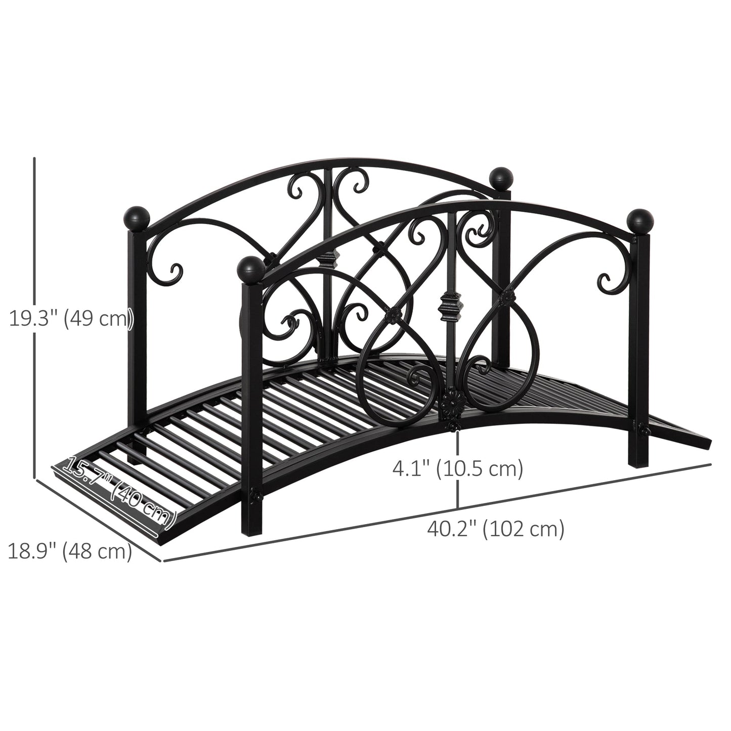 3.3FT Metal Arch Zen Garden Bridge with Safety Siderails, Decorative Footbridge, Delicate Floral Scrollwork for Stream, Fish Pond, Black