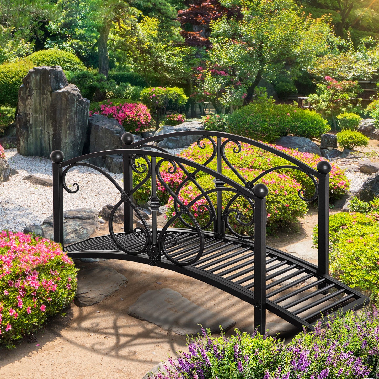 3.3FT Metal Arch Zen Garden Bridge with Safety Siderails, Decorative Footbridge, Delicate Floral Scrollwork for Stream, Fish Pond, Black