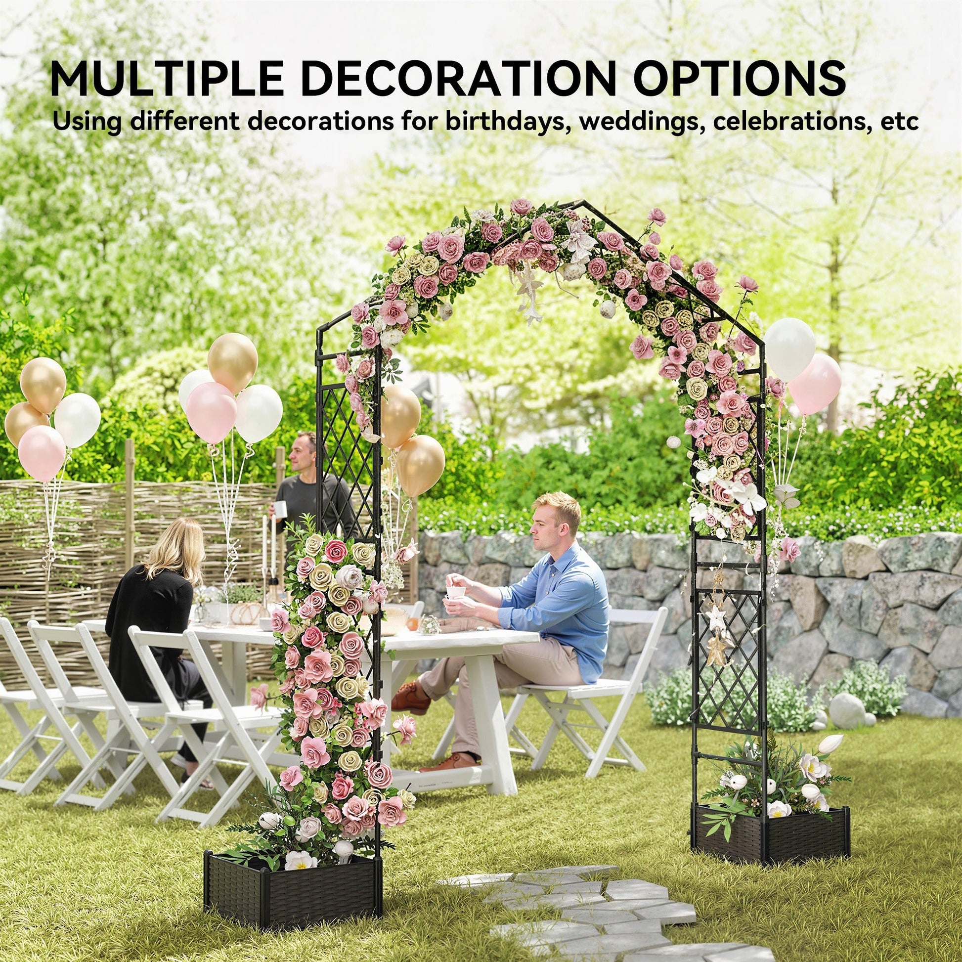 7.3ft Garden Arch with 2 Planter Boxes, PE-Coated Steel Outdoor Trellis Arbor for Climbing Plants, Wedding Arch for Party Outdoor Garden Backyard, Black