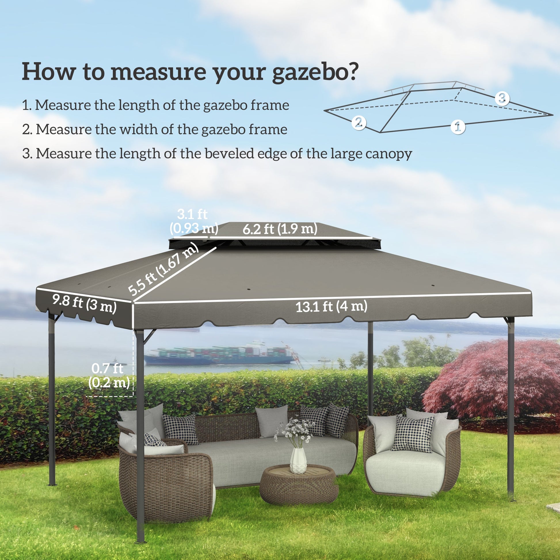 13.1' x 9.8' Gazebo Replacement Canopy, Gazebo Top Cover with Double Vented Roof for Garden Patio Outdoor TOP ONLY, Grey
