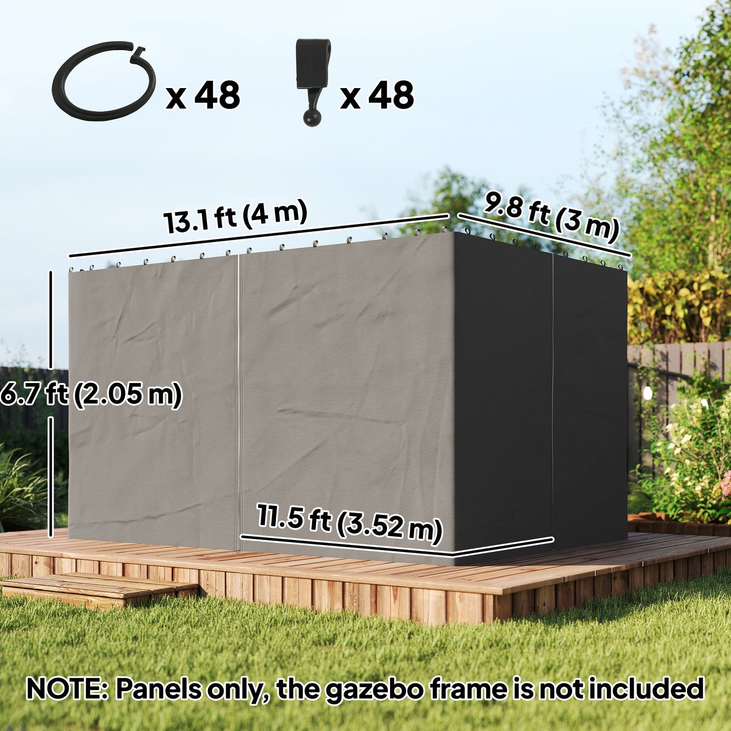 10' x 13' Universal Gazebo Sidewall Set with 4 Panels, Hooks/C-Rings Included for Pergolas & Cabanas, Light Grey