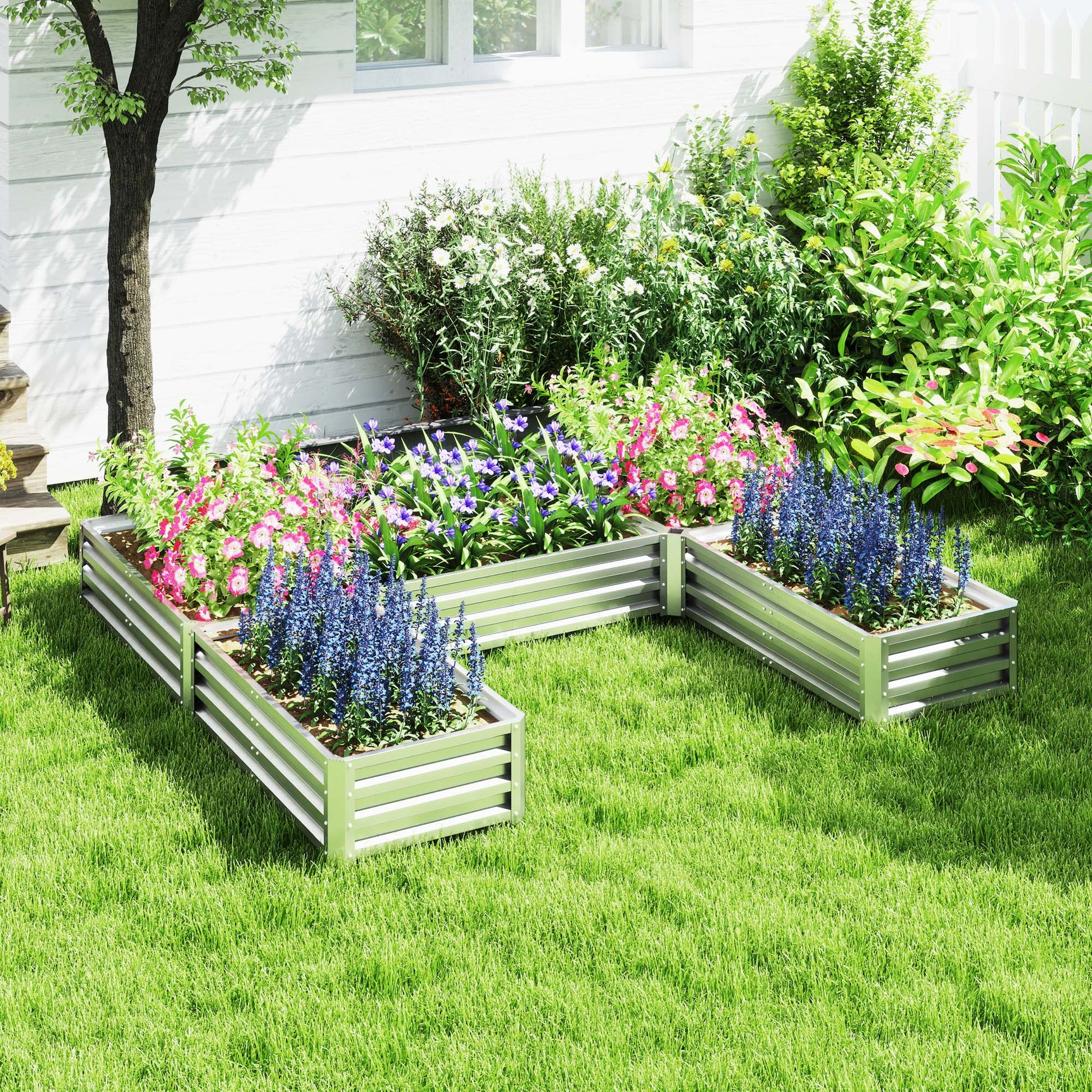 8 x 8ft DIY Raised Garden Bed, Set of 5 Large Steel Box Planters for Outdoor Plants, Vegetables, Flowers, Herbs, Easy Assembly, Silver