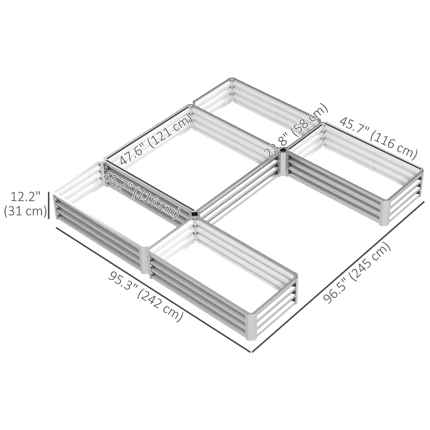 8 x 8ft DIY Raised Garden Bed, Set of 5 Large Steel Box Planters for Outdoor Plants, Vegetables, Flowers, Herbs, Easy Assembly, Silver