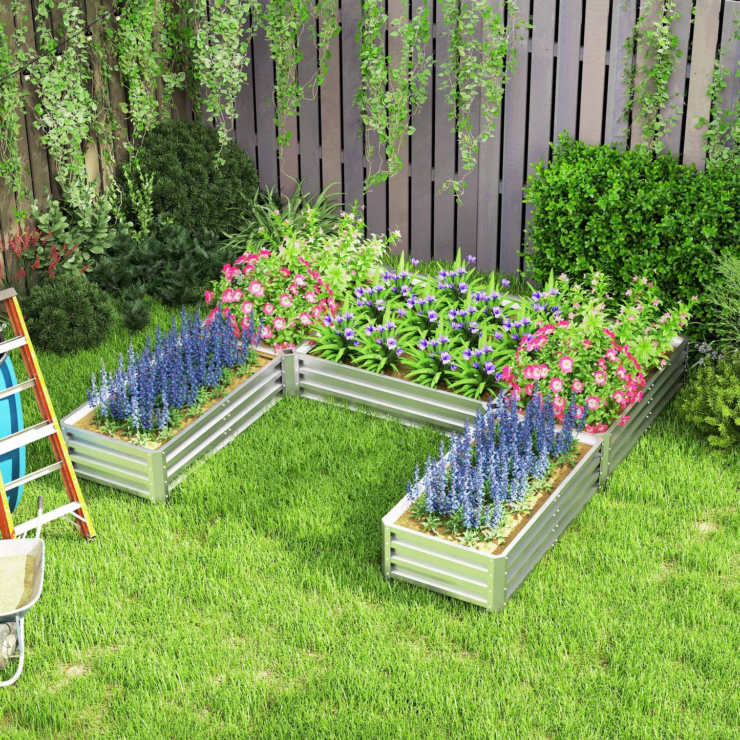 8 x 8ft DIY Raised Garden Bed, Set of 5 Large Steel Box Planters for Outdoor Plants, Vegetables, Flowers, Herbs, Easy Assembly, Silver