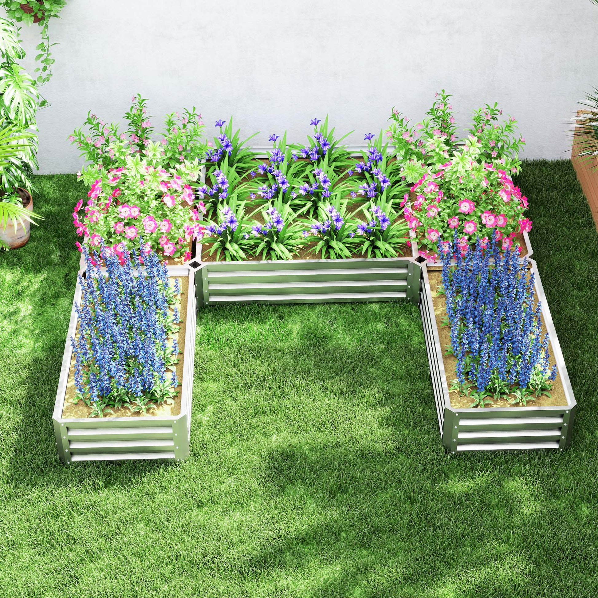 8 x 8ft DIY Raised Garden Bed, Set of 5 Large Steel Box Planters for Outdoor Plants, Vegetables, Flowers, Herbs, Easy Assembly, Silver