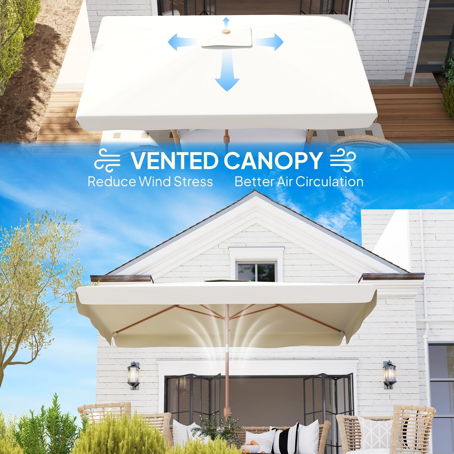Patio Umbrella 118.1" x 78.7" Outdoor Parasol with Adjustable Angle, Aluminum Pole, Crank Handle, and UV50+ Protection, Garden and Patio Umbrella, White