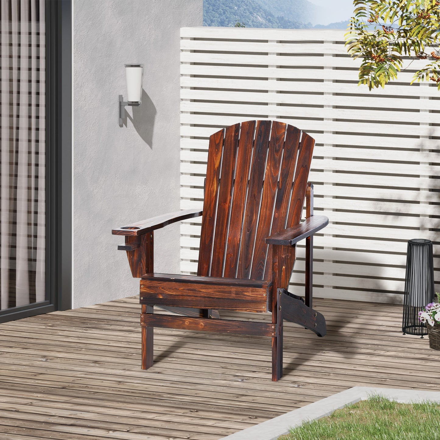 Classic Adirondack Chair Muskoka Chair, Garden Deck Chair with Cup Holder for Patio, Indoor, Backyard, Brown