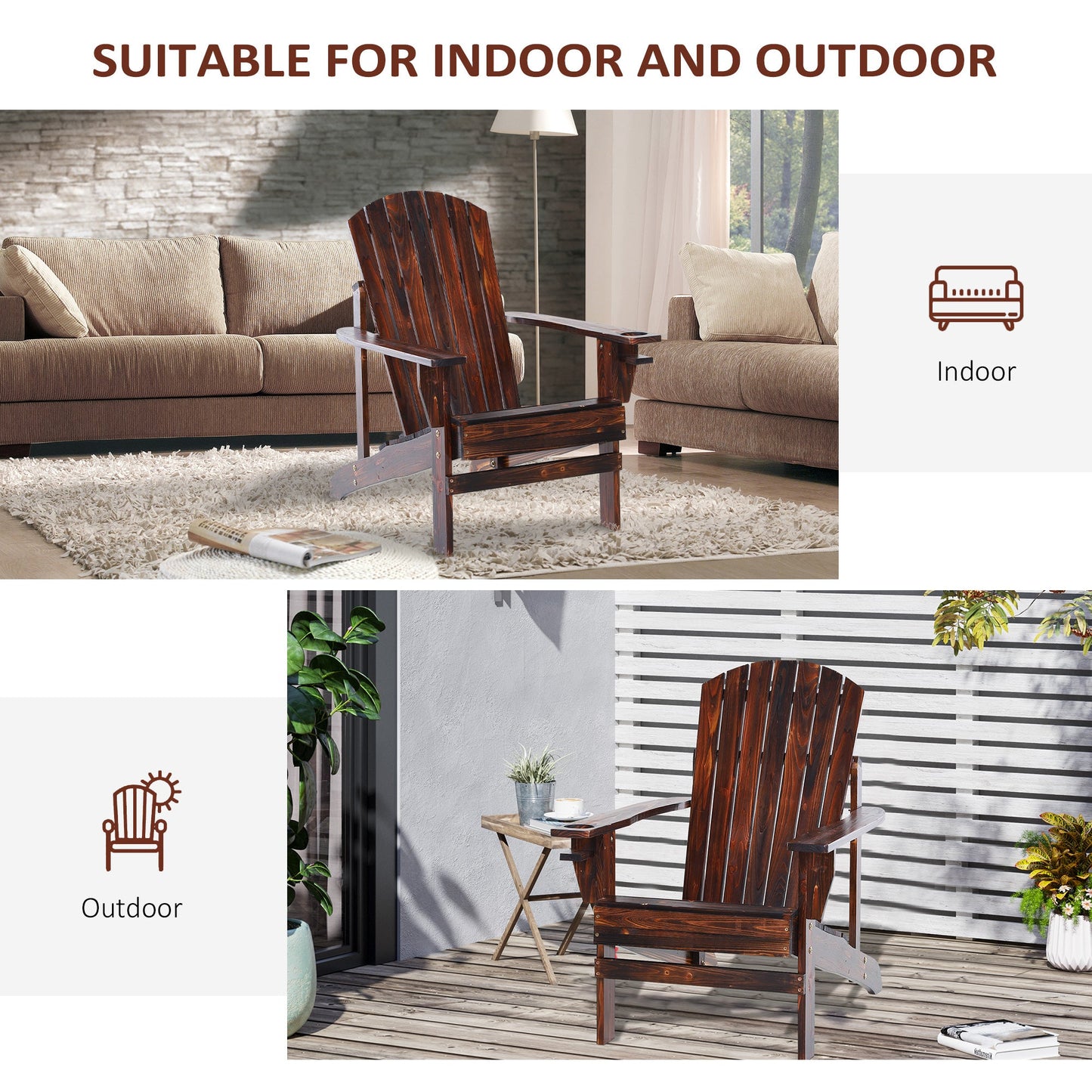 Classic Adirondack Chair Muskoka Chair, Garden Deck Chair with Cup Holder for Patio, Indoor, Backyard, Brown