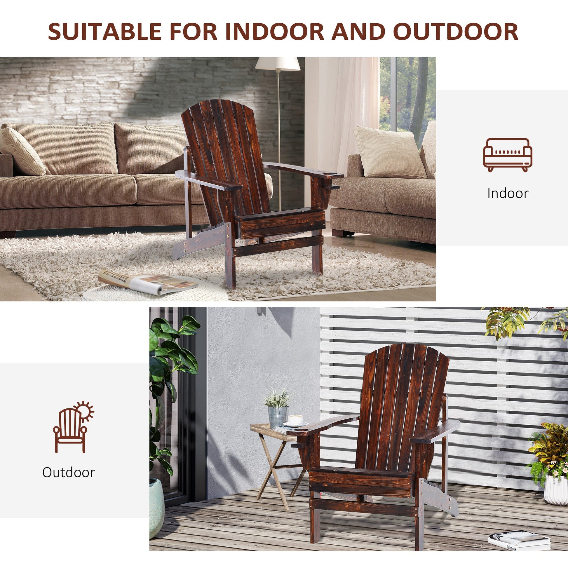 Classic Adirondack Chair Muskoka Chair, Garden Deck Chair with Cup Holder for Patio, Indoor, Backyard, Brown