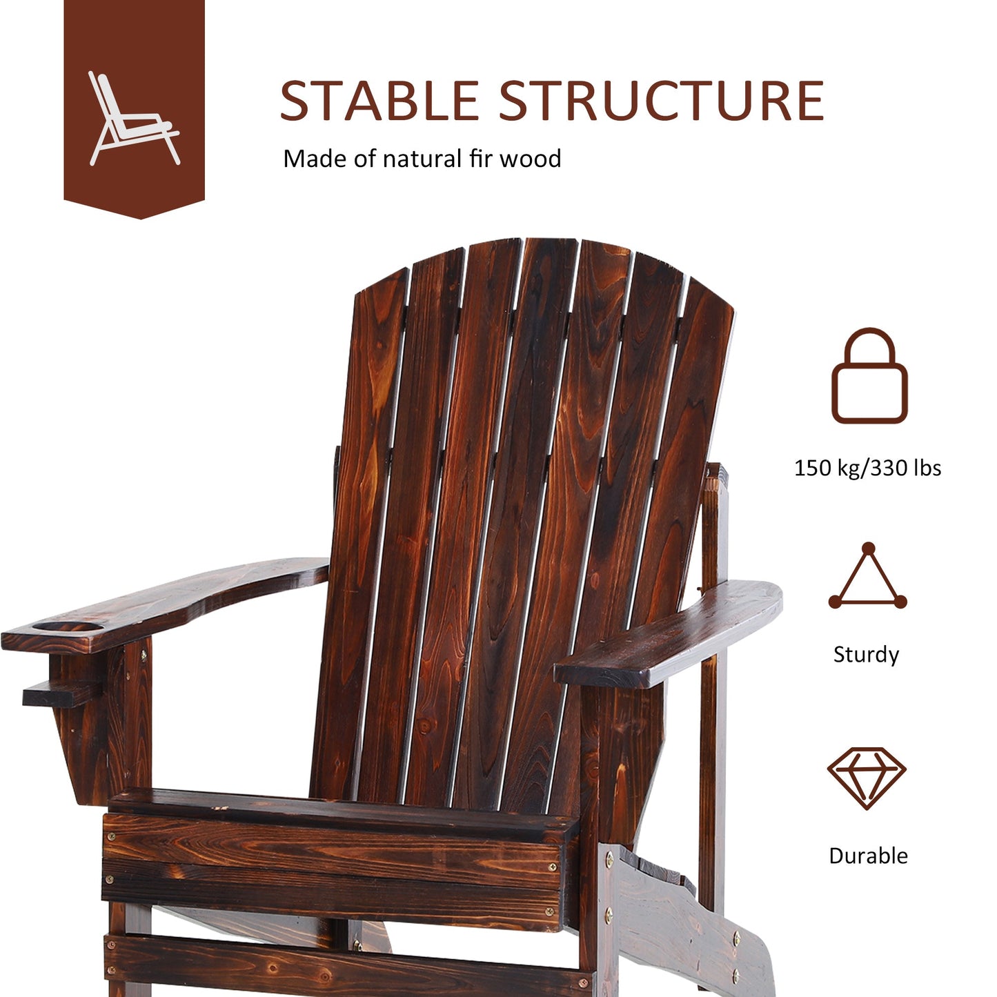 Classic Adirondack Chair Muskoka Chair, Garden Deck Chair with Cup Holder for Patio, Indoor, Backyard, Brown
