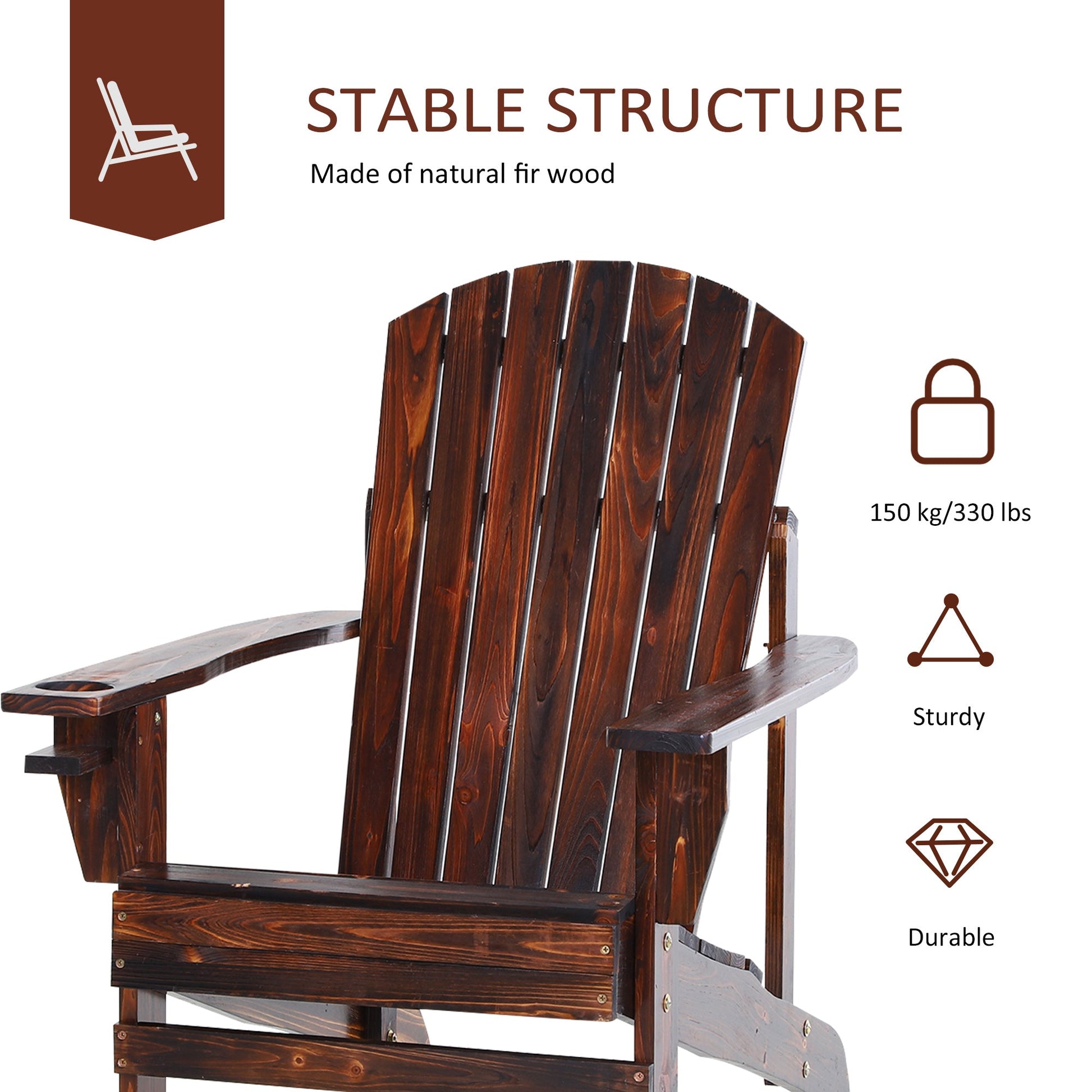 Classic Adirondack Chair Muskoka Chair, Garden Deck Chair with Cup Holder for Patio, Indoor, Backyard, Brown