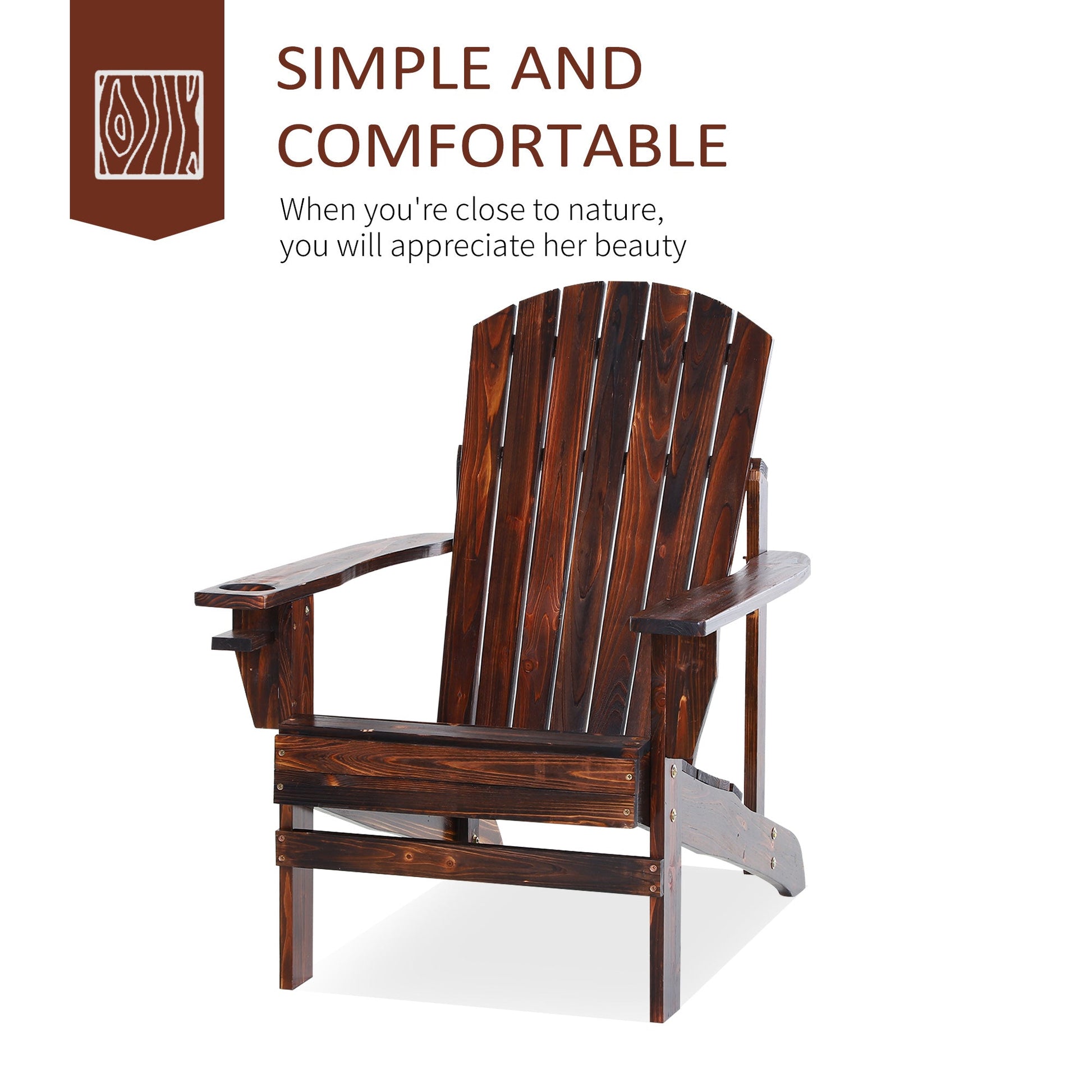 Classic Adirondack Chair Muskoka Chair, Garden Deck Chair with Cup Holder for Patio, Indoor, Backyard, Brown