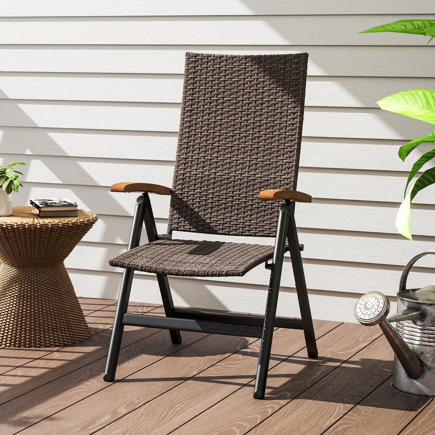 Folding Wicker Dining Chair, PE Rattan Patio Dining Chair Outdoor with Steel Frame, Armrest, Backrest for Garden, Backyard, Porch, Brown