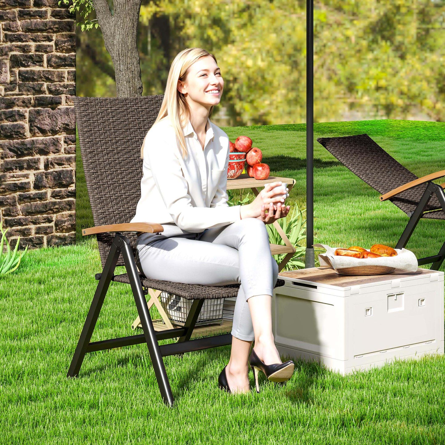 Folding Wicker Dining Chair, PE Rattan Patio Dining Chair Outdoor with Steel Frame, Armrest, Backrest for Garden, Backyard, Porch, Brown