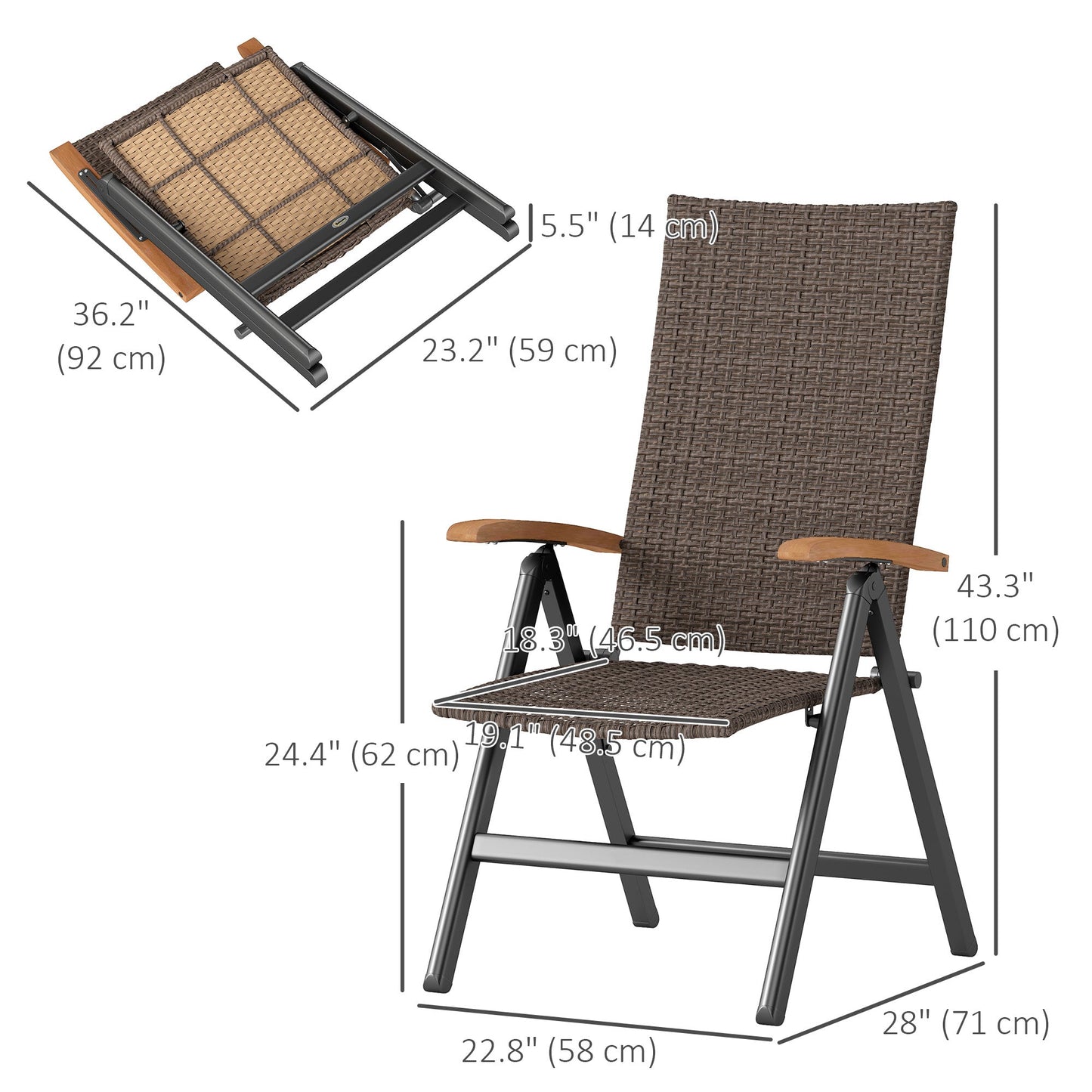 Folding Wicker Dining Chair, PE Rattan Patio Dining Chair Outdoor with Steel Frame, Armrest, Backrest for Garden, Backyard, Porch, Brown