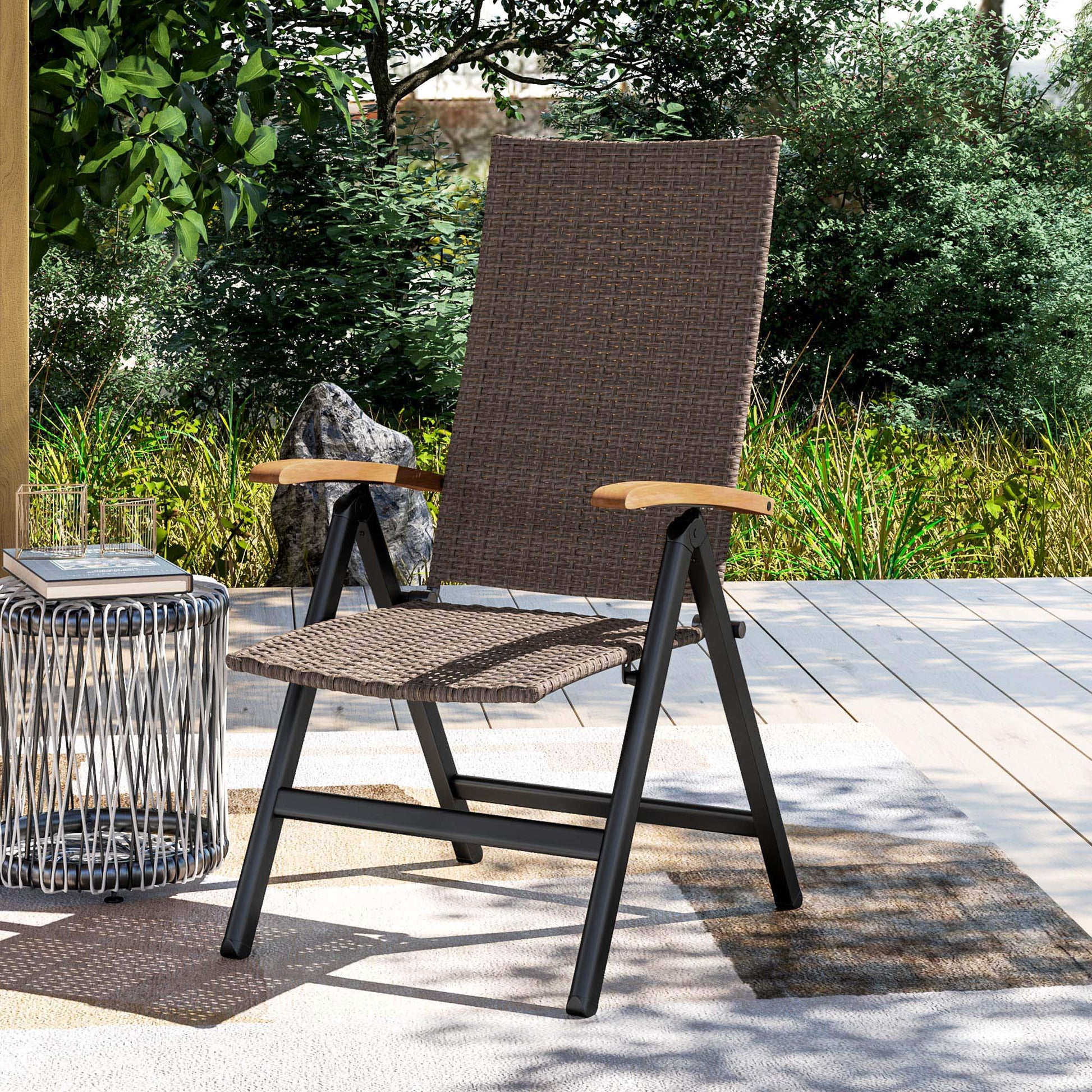 Folding Wicker Dining Chair, PE Rattan Patio Dining Chair Outdoor with Steel Frame, Armrest, Backrest for Garden, Backyard, Porch, Brown