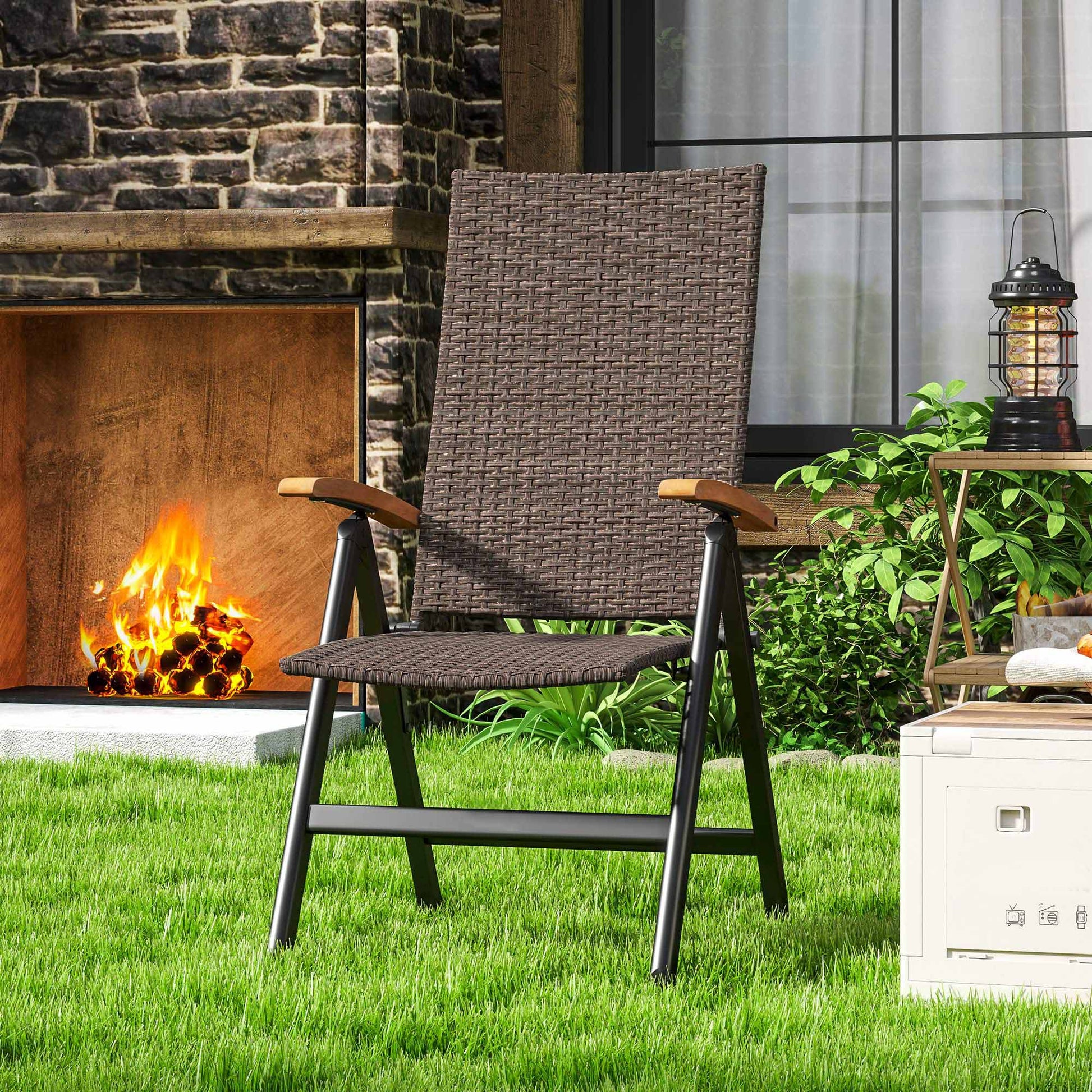 Folding Wicker Dining Chair, PE Rattan Patio Dining Chair Outdoor with Steel Frame, Armrest, Backrest for Garden, Backyard, Porch, Brown