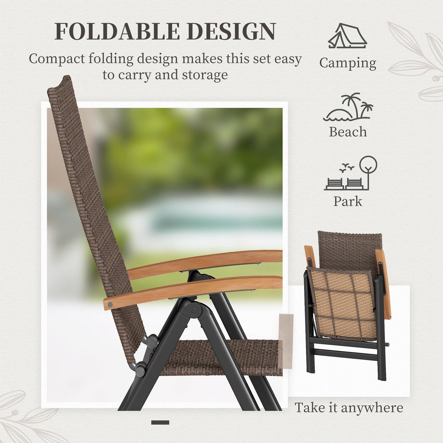 Folding Wicker Dining Chair, PE Rattan Patio Dining Chair Outdoor with Steel Frame, Armrest, Backrest for Garden, Backyard, Porch, Brown