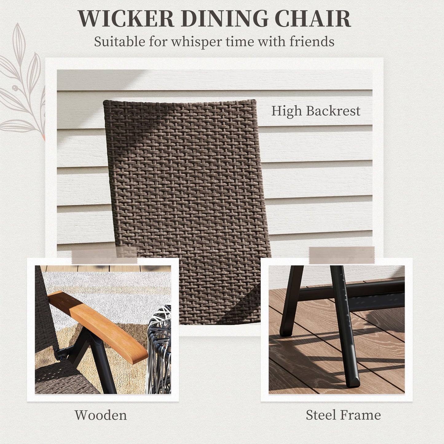Folding Wicker Dining Chair, PE Rattan Patio Dining Chair Outdoor with Steel Frame, Armrest, Backrest for Garden, Backyard, Porch, Brown