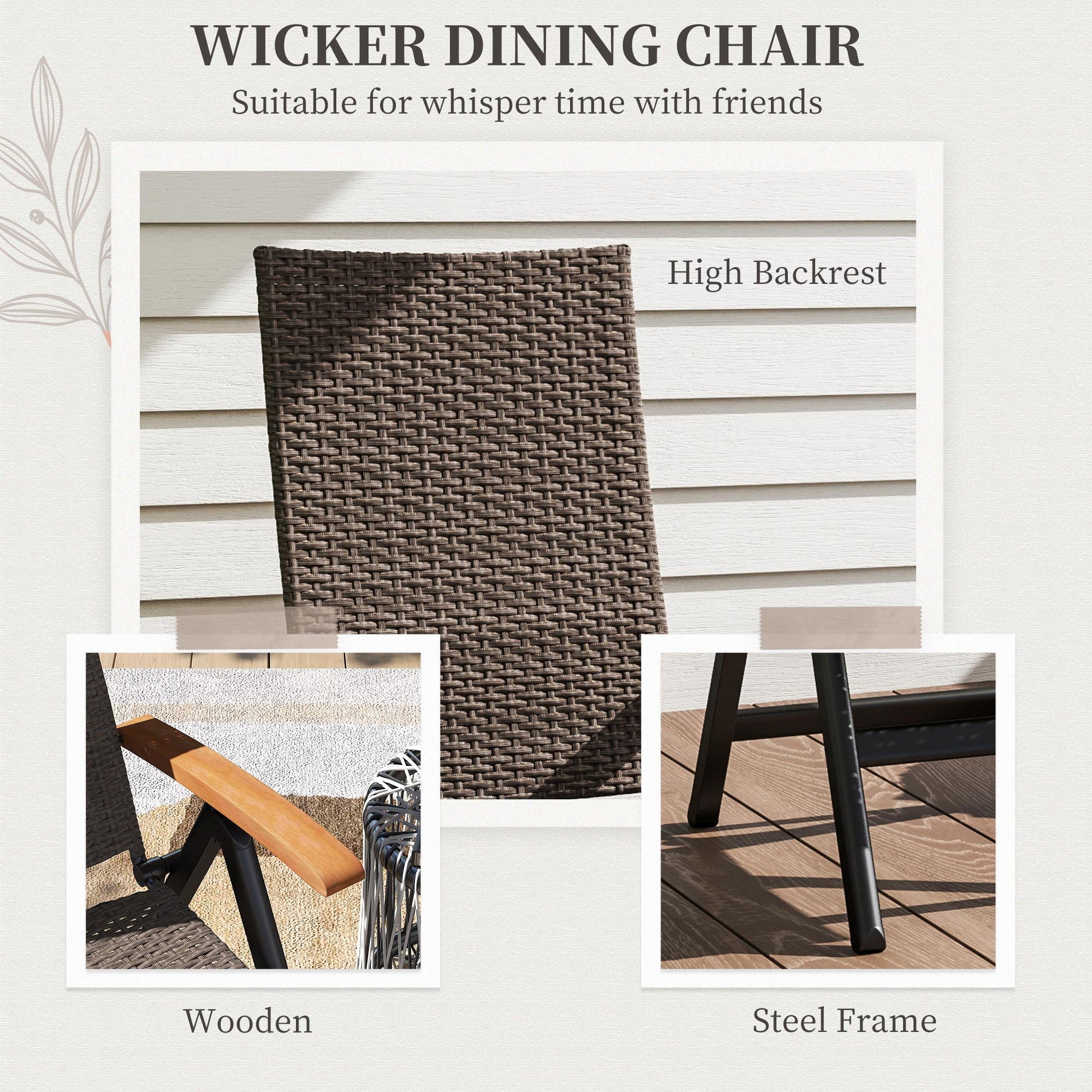 Folding Wicker Dining Chair, PE Rattan Patio Dining Chair Outdoor with Steel Frame, Armrest, Backrest for Garden, Backyard, Porch, Brown
