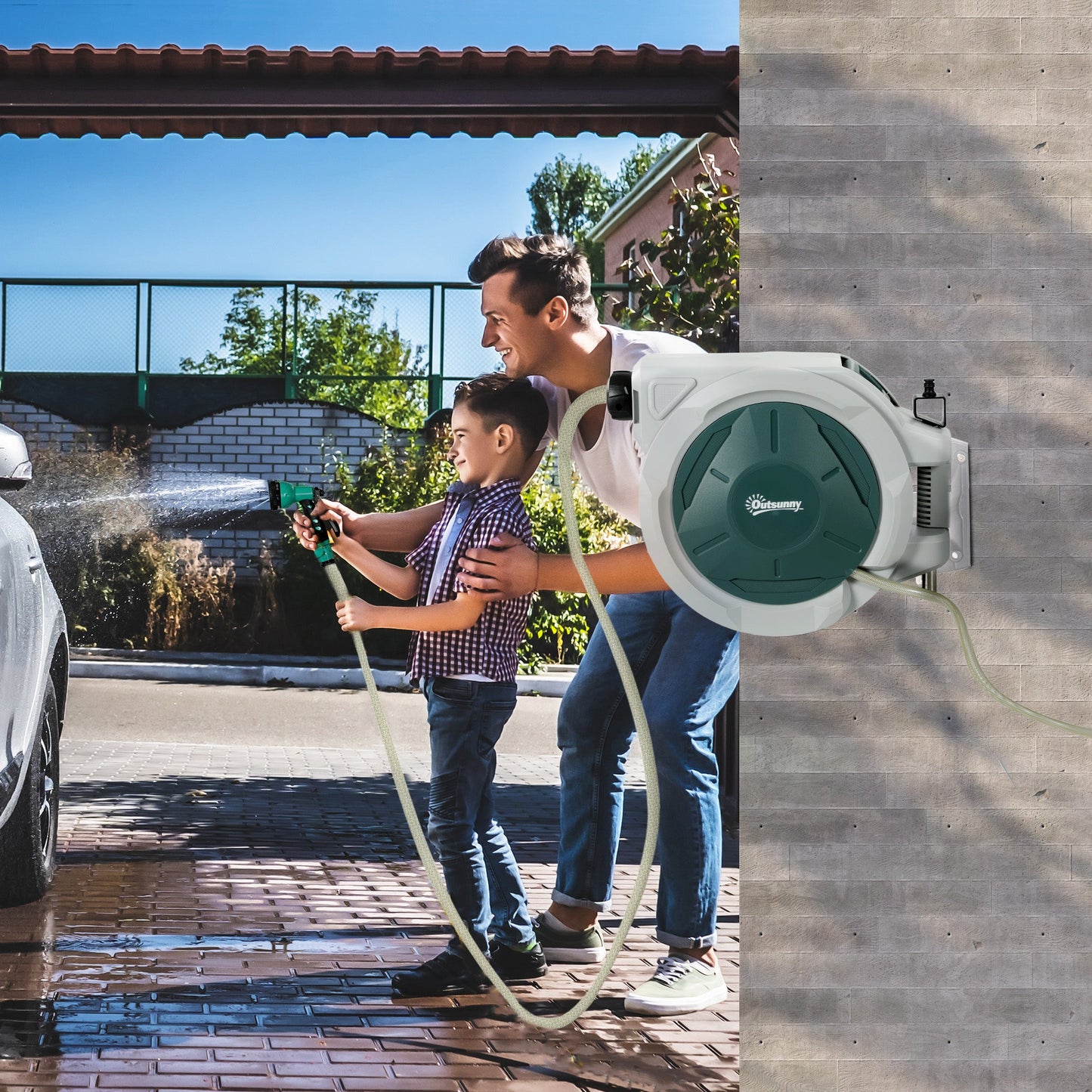 Retractable Garden Hose Reel, 1/2 in x 65ft Wall Mounted Water Hose Reel with 7- Function Sprayer Nozzle, Auto Rewind, Any Length Lock, 180° Swivel Bracket, Green