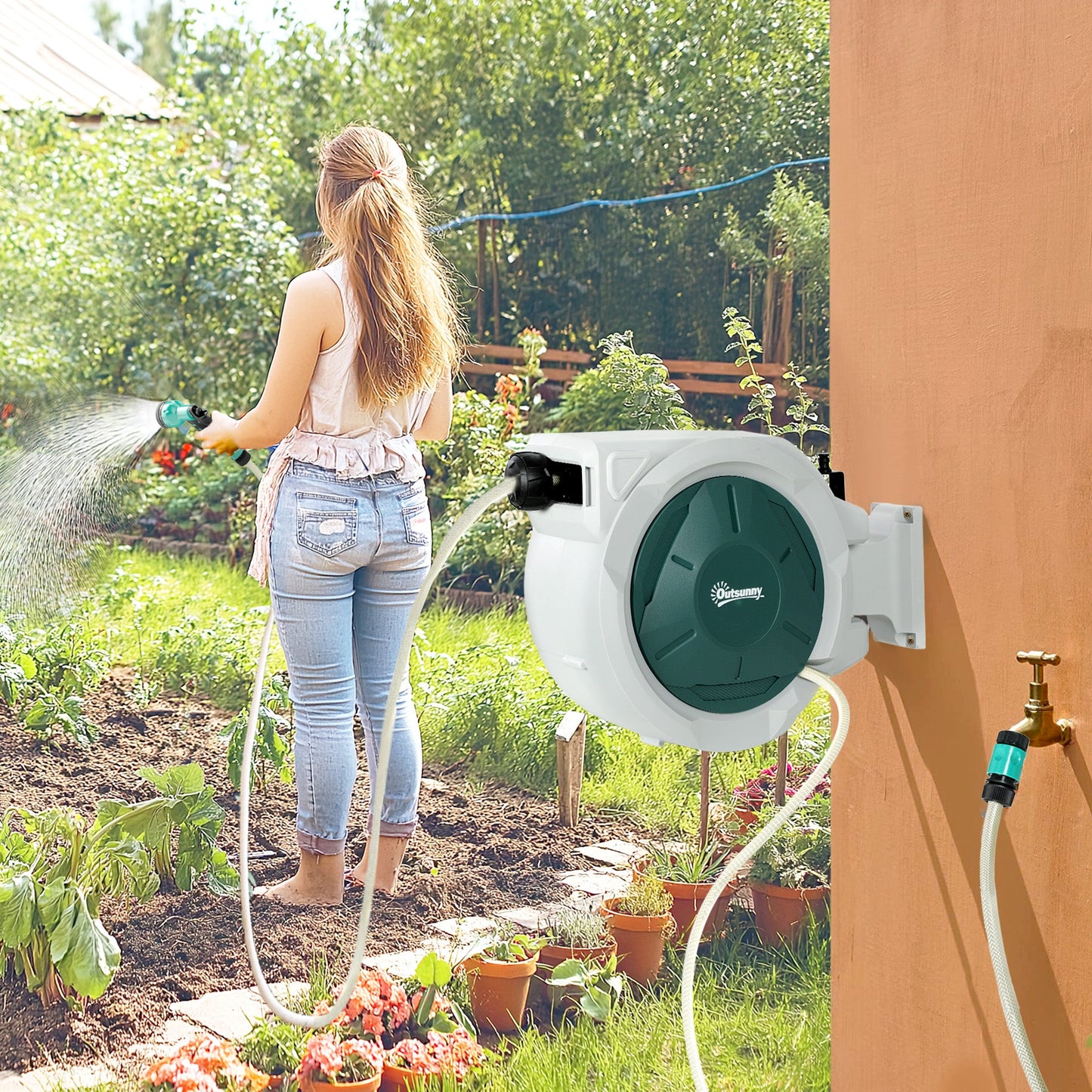 Retractable Garden Hose Reel, 1/2 in x 65ft Wall Mounted Water Hose Reel with 7- Function Sprayer Nozzle, Auto Rewind, Any Length Lock, 180° Swivel Bracket, Green
