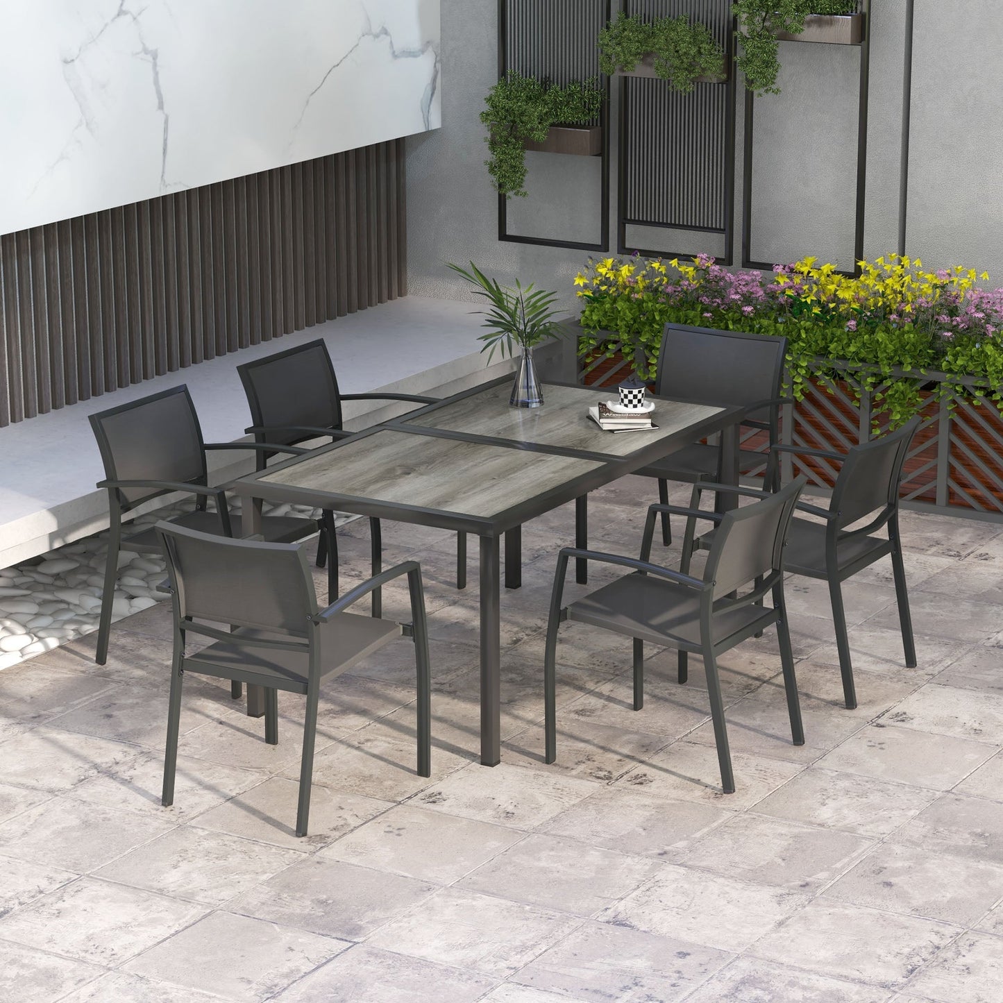 7 Pieces Patio Dining Set for 6 with Stackable Chairs, Outdoor Table and Chairs with Plastic Top, Breathable Mesh Seat and Back for Garden, Patio, Backyard, Grey