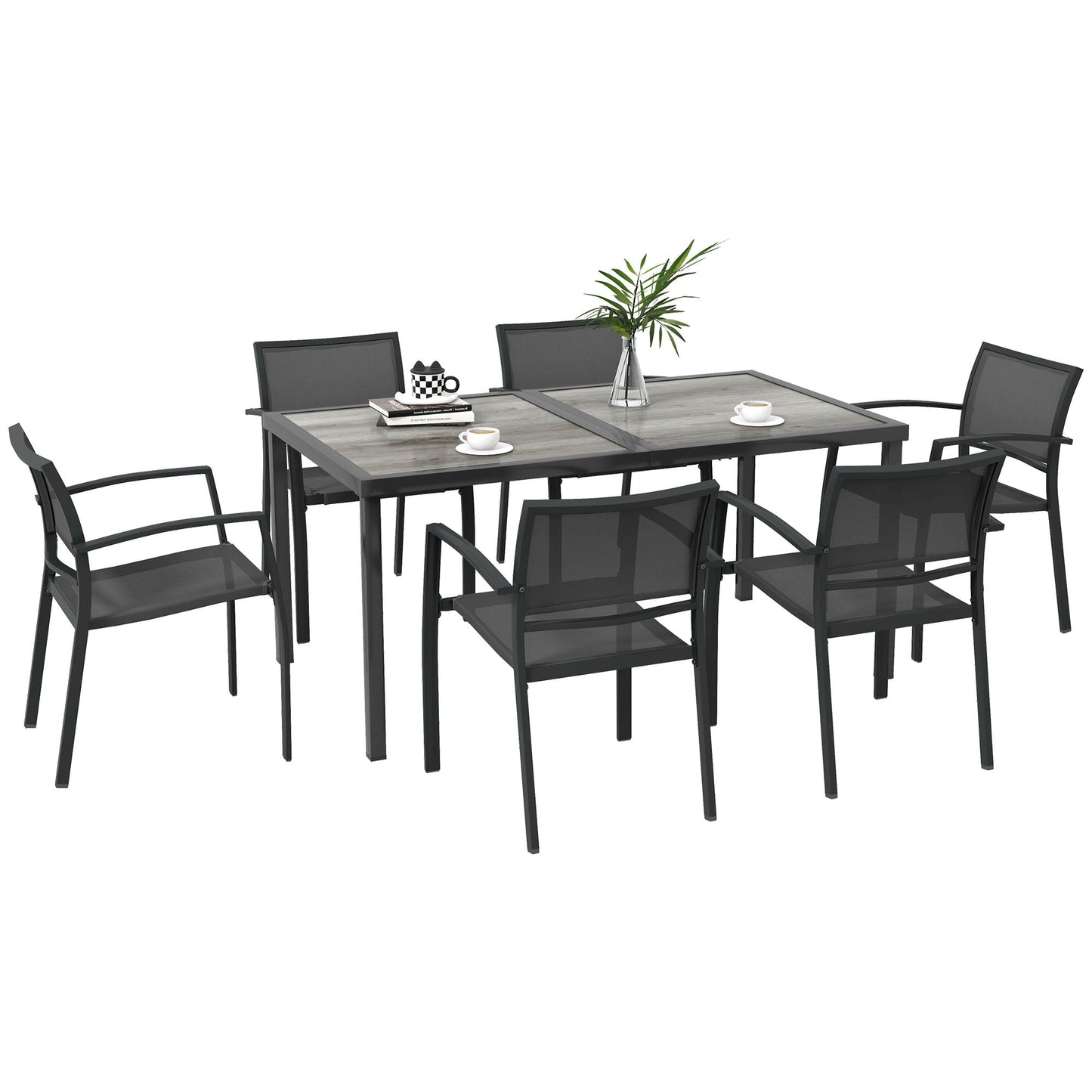 7 Pieces Patio Dining Set for 6 with Stackable Chairs, Outdoor Table and Chairs with Plastic Top, Breathable Mesh Seat and Back for Garden, Patio, Backyard, Grey