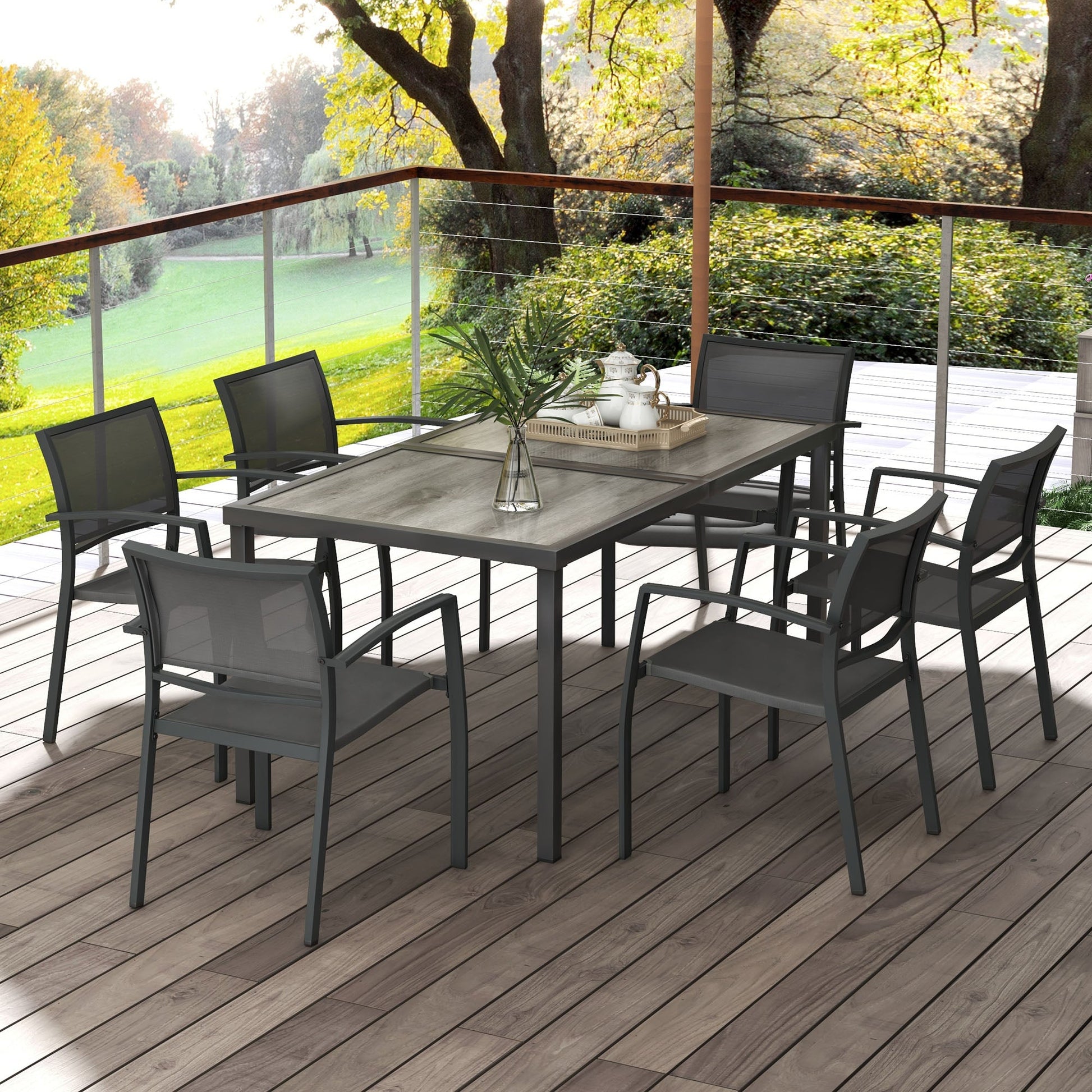 7 Pieces Patio Dining Set for 6 with Stackable Chairs, Outdoor Table and Chairs with Plastic Top, Breathable Mesh Seat and Back for Garden, Patio, Backyard, Grey