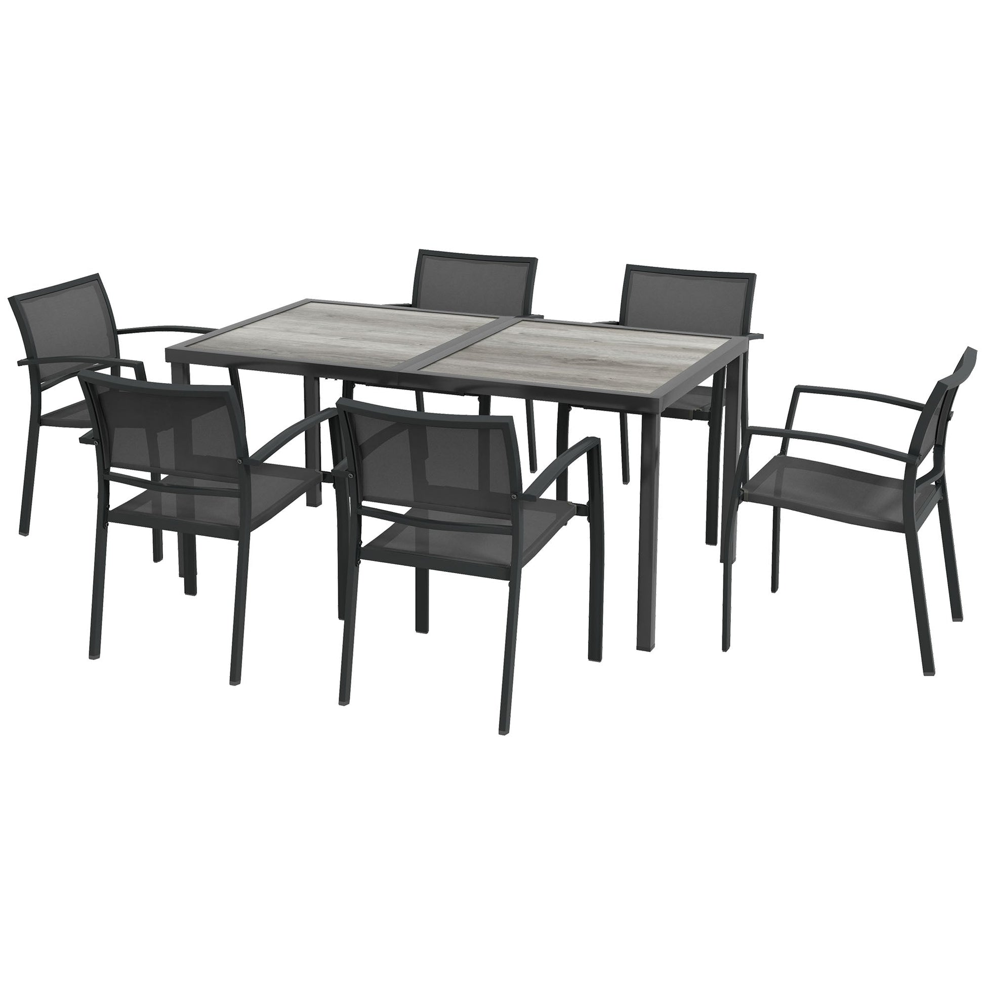 7 Pieces Patio Dining Set for 6 with Stackable Chairs, Outdoor Table and Chairs with Plastic Top, Breathable Mesh Seat and Back for Garden, Patio, Backyard, Grey