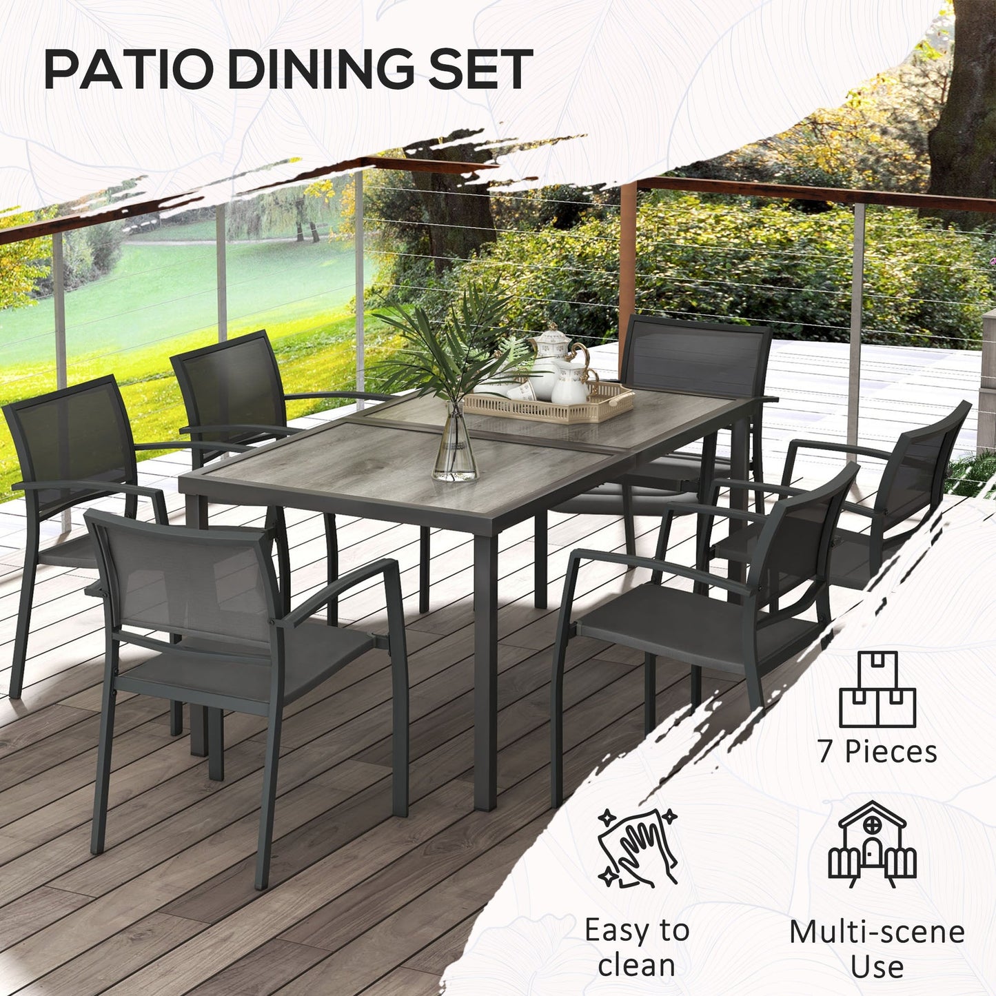 7 Pieces Patio Dining Set for 6 with Stackable Chairs, Outdoor Table and Chairs with Plastic Top, Breathable Mesh Seat and Back for Garden, Patio, Backyard, Grey