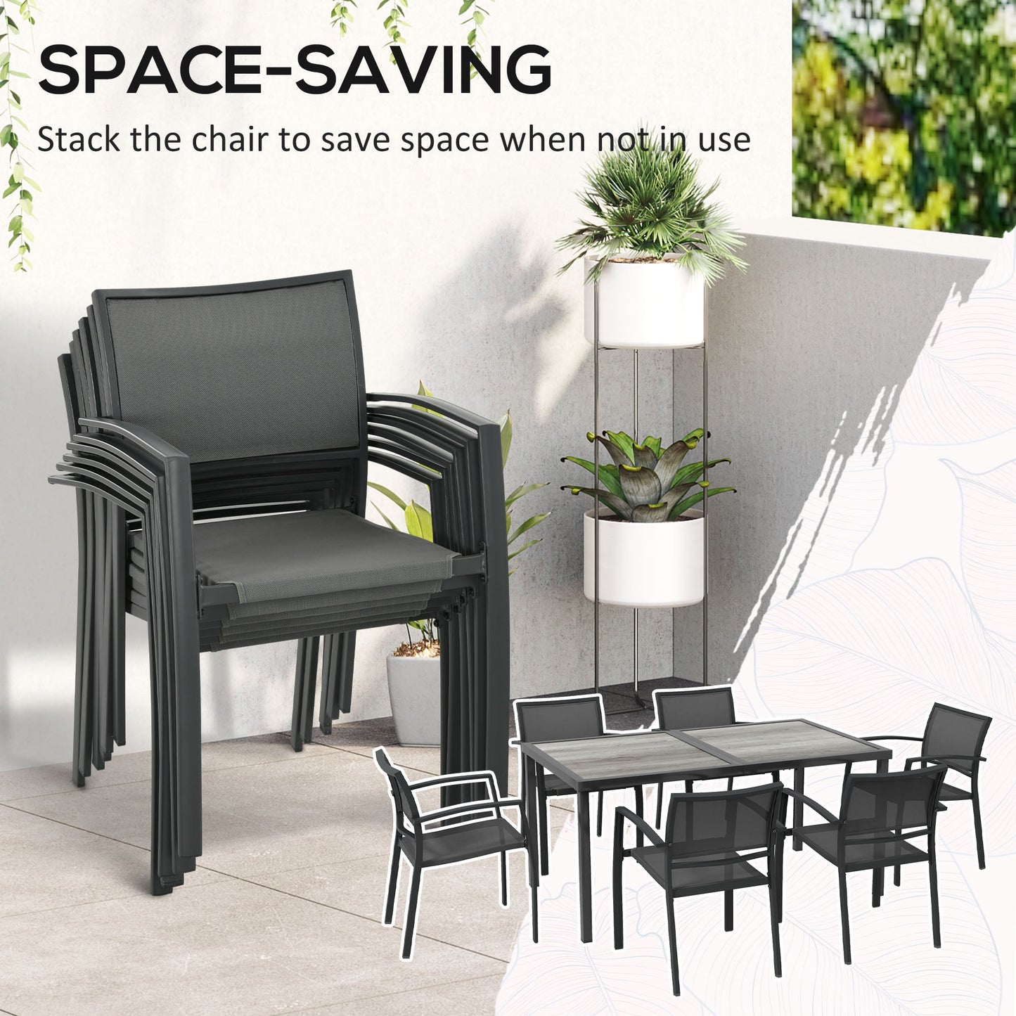 7 Pieces Patio Dining Set for 6 with Stackable Chairs, Outdoor Table and Chairs with Plastic Top, Breathable Mesh Seat and Back for Garden, Patio, Backyard, Grey
