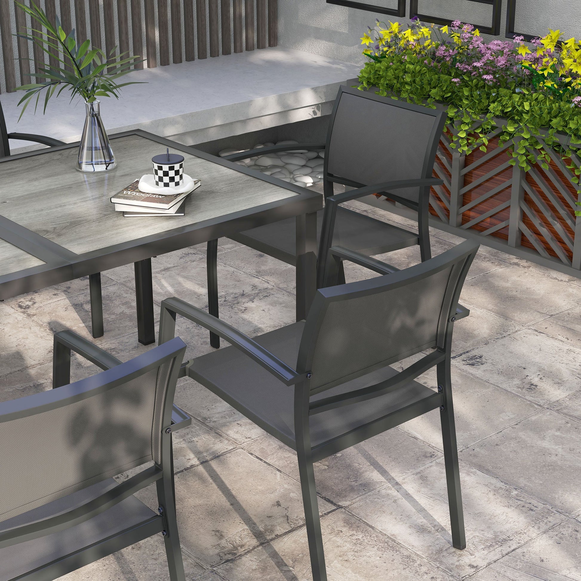 7 Pieces Patio Dining Set for 6 with Stackable Chairs, Outdoor Table and Chairs with Plastic Top, Breathable Mesh Seat and Back for Garden, Patio, Backyard, Grey