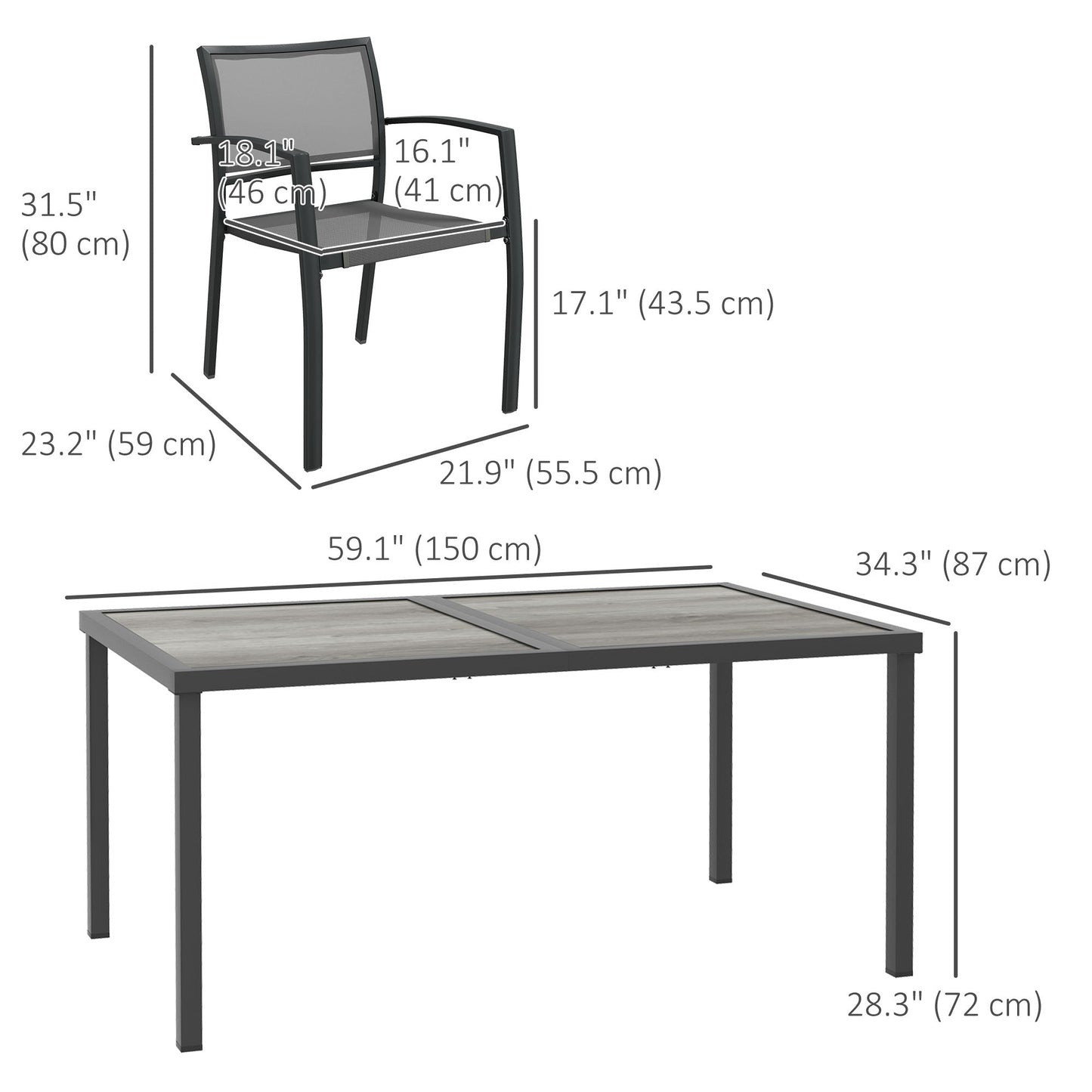 7 Pieces Patio Dining Set for 6 with Stackable Chairs, Outdoor Table and Chairs with Plastic Top, Breathable Mesh Seat and Back for Garden, Patio, Backyard, Grey
