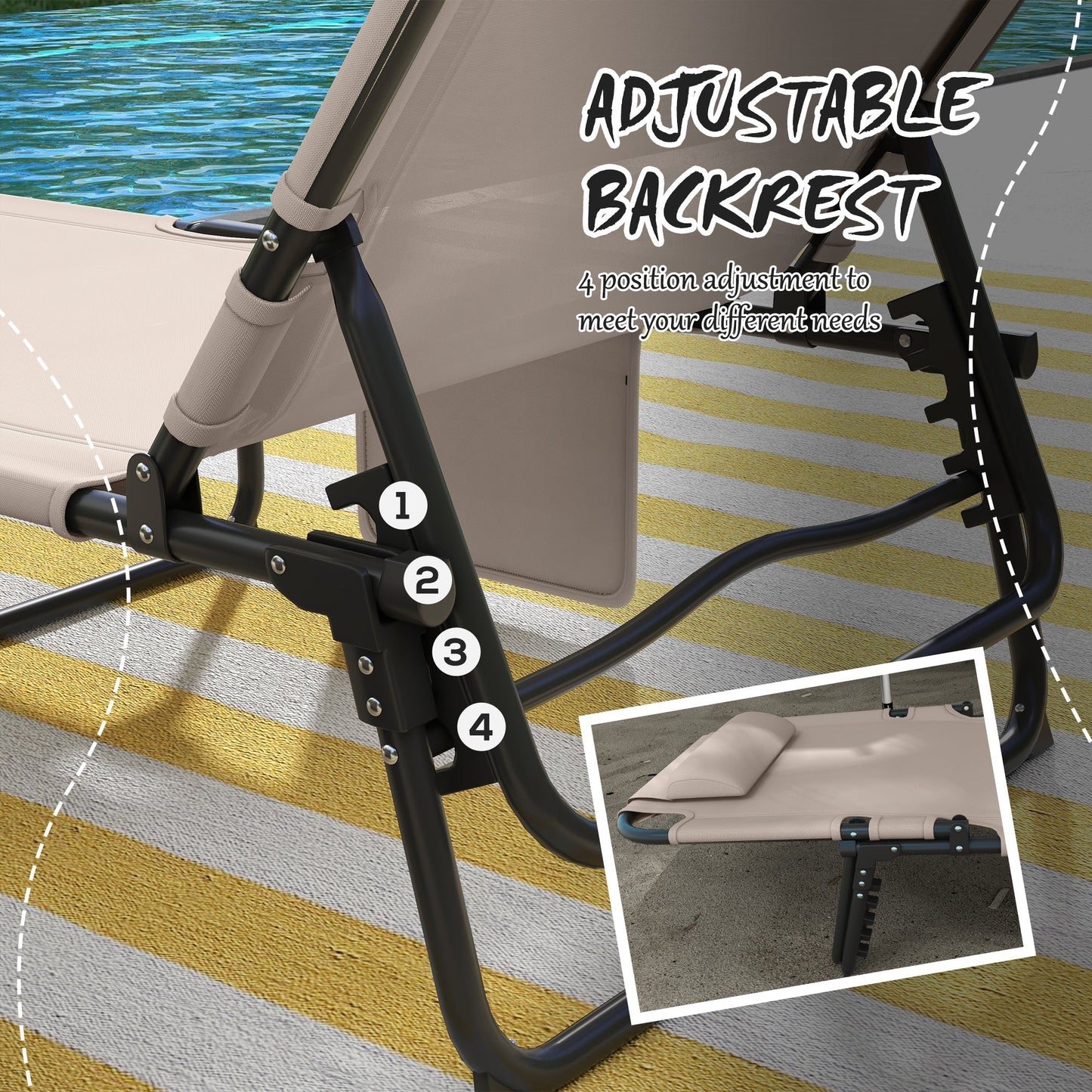 Folding Lounge Chair with 4-level Reclining Back, Outdoor Tanning Chair with Cushion, Sun Lounger with Breathable Mesh Fabric, Side Pocket, Headrest, Beige