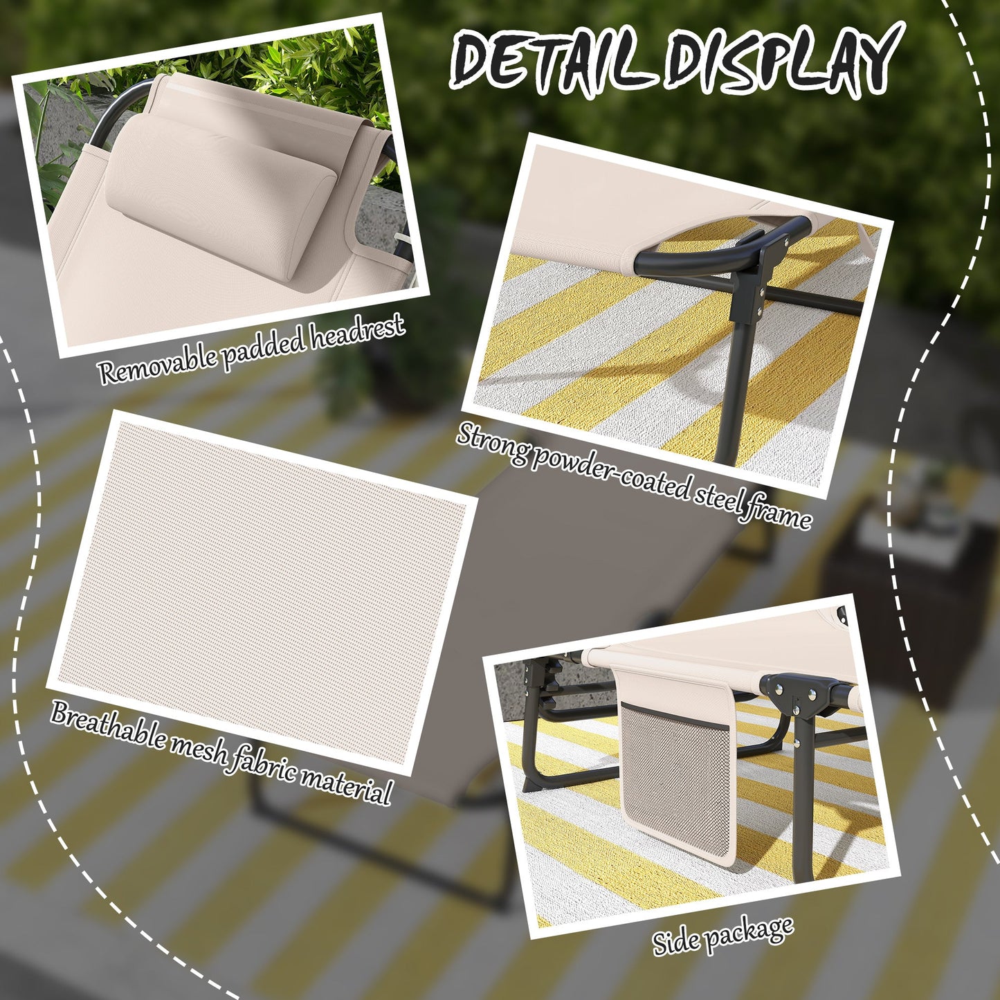 Folding Lounge Chair with 4-level Reclining Back, Outdoor Tanning Chair with Cushion, Sun Lounger with Breathable Mesh Fabric, Side Pocket, Headrest, Beige