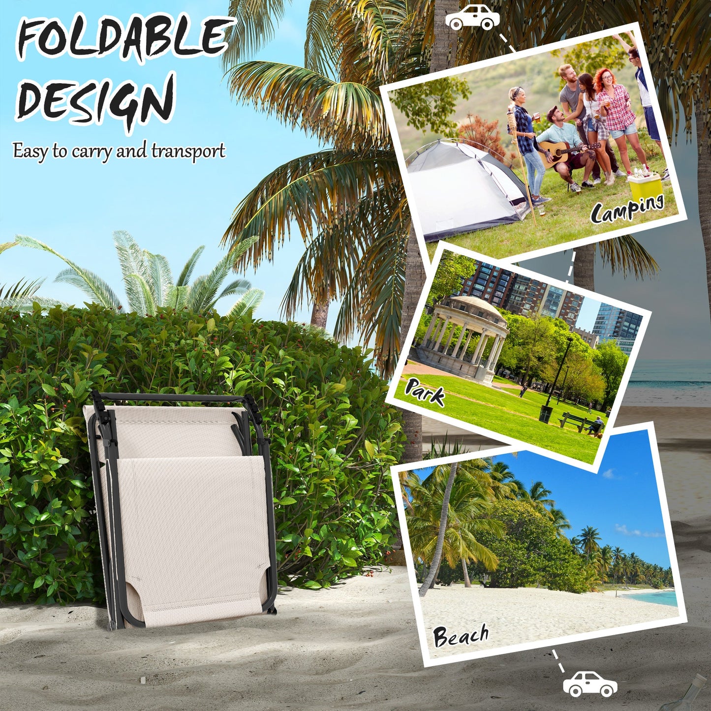 Folding Lounge Chair with 4-level Reclining Back, Outdoor Tanning Chair with Cushion, Sun Lounger with Breathable Mesh Fabric, Side Pocket, Headrest, Beige