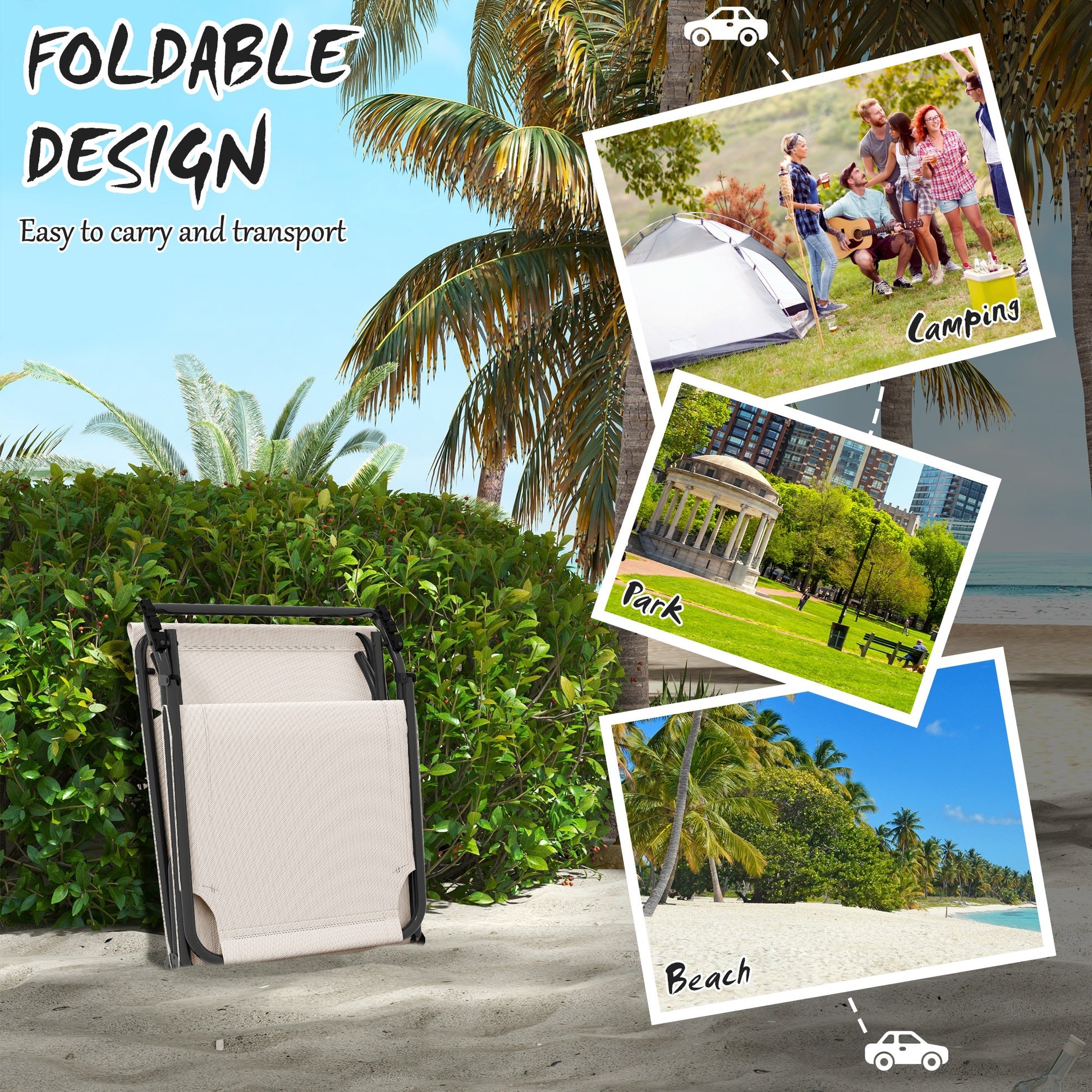 Folding Lounge Chair with 4-level Reclining Back, Outdoor Tanning Chair with Cushion, Sun Lounger with Breathable Mesh Fabric, Side Pocket, Headrest, Beige