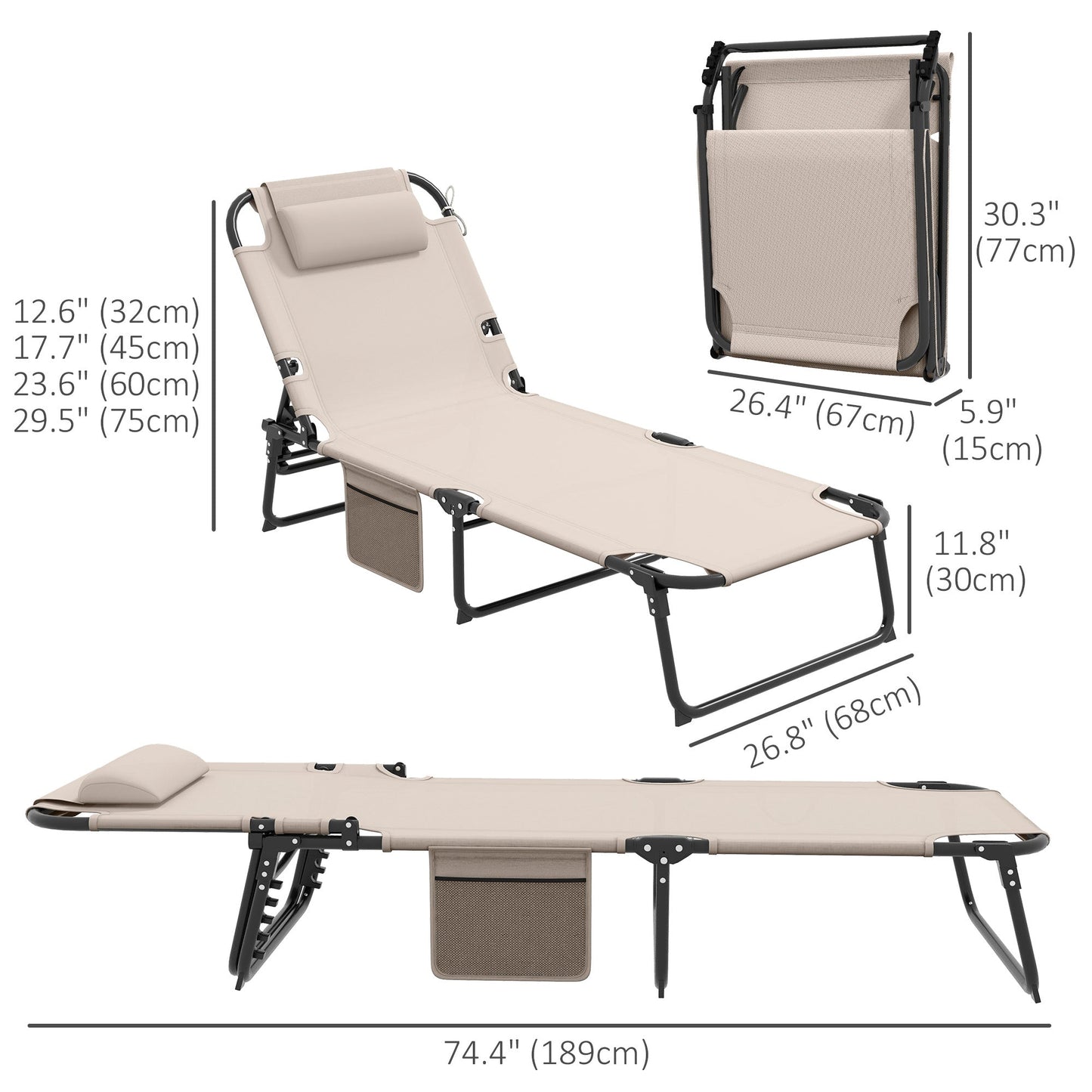 Folding Lounge Chair with 4-level Reclining Back, Outdoor Tanning Chair with Cushion, Sun Lounger with Breathable Mesh Fabric, Side Pocket, Headrest, Beige