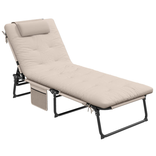 Folding Lounge Chair with 4-level Reclining Back, Outdoor Tanning Chair with Cushion, Sun Lounger with Breathable Mesh Fabric, Side Pocket, Headrest, Beige