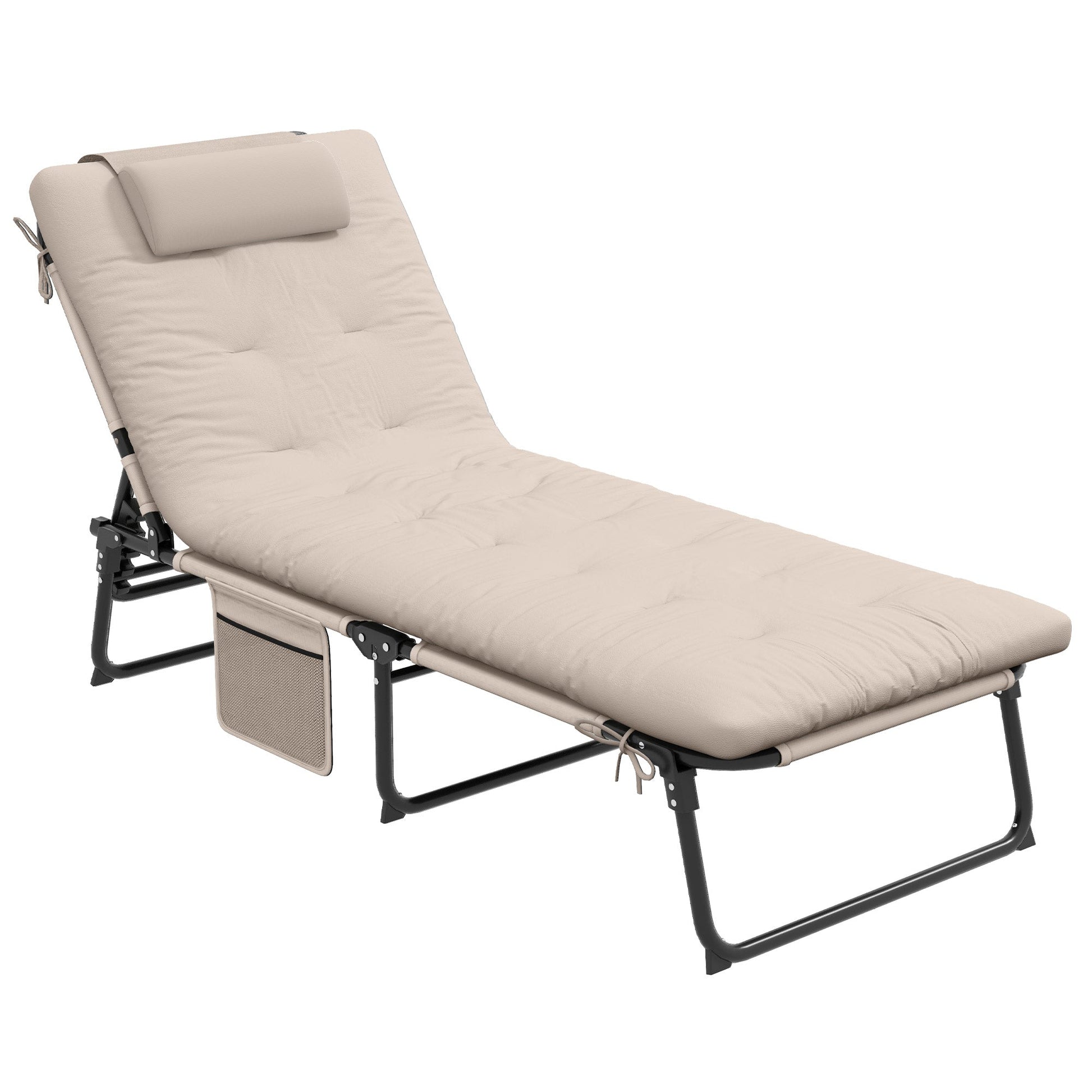 Folding Lounge Chair with 4-level Reclining Back, Outdoor Tanning Chair with Cushion, Sun Lounger with Breathable Mesh Fabric, Side Pocket, Headrest, Beige